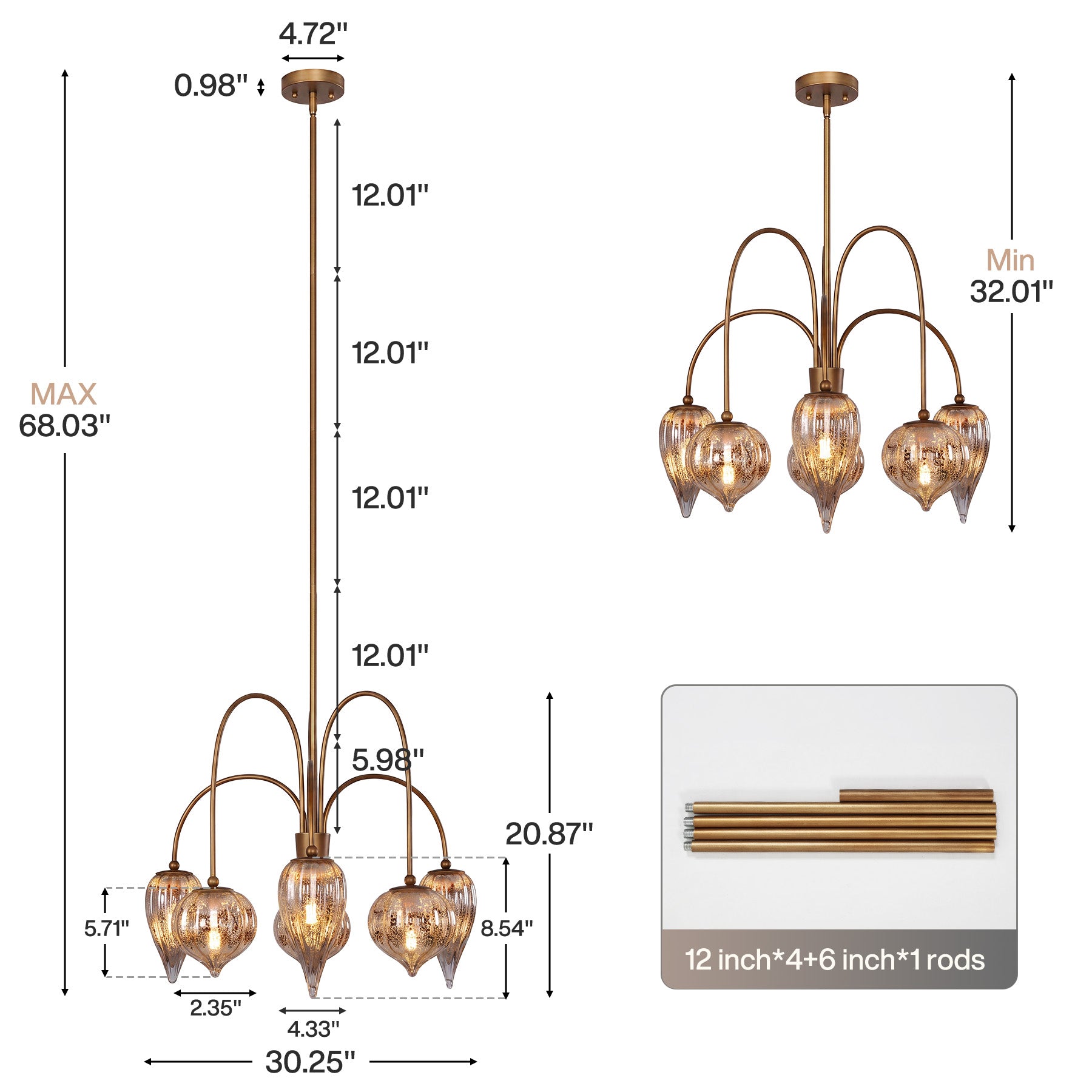 6-Light Brass Chandelier, Modern Pendant Lighting with Mixed Round & Teardrop Mercury Glass