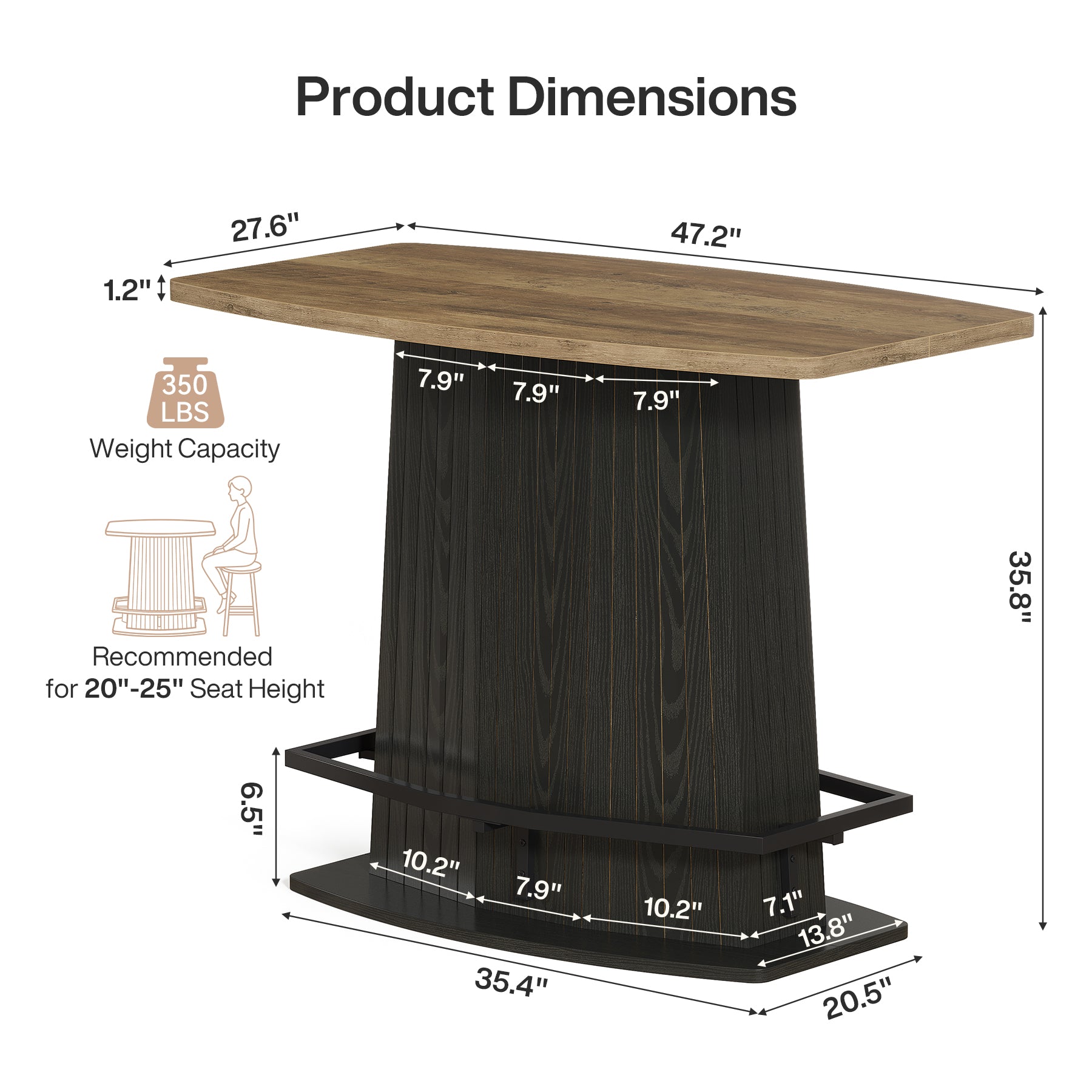 47" Bar Table, Industrial Counter Height Pub Table with Fluted Pedestal Base