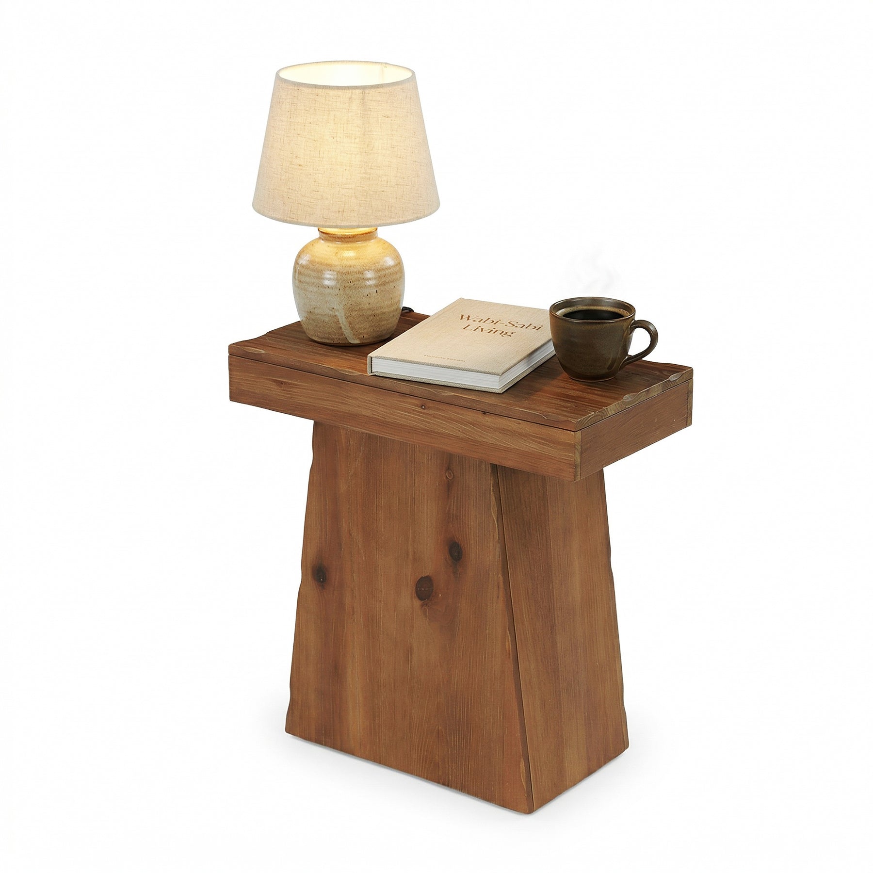 23.6-Inch Solid Wood End Table with Trapezoid Base, Small Walnut Side Taable for Living Room