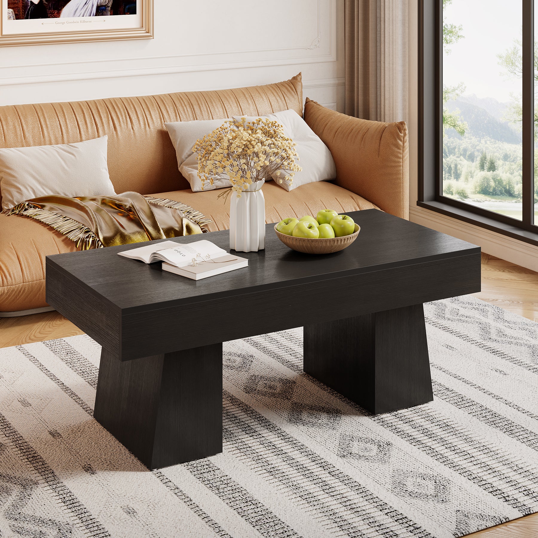 47.24" Farmhouse Coffee Table, Rectangular Center Table with Thick Base