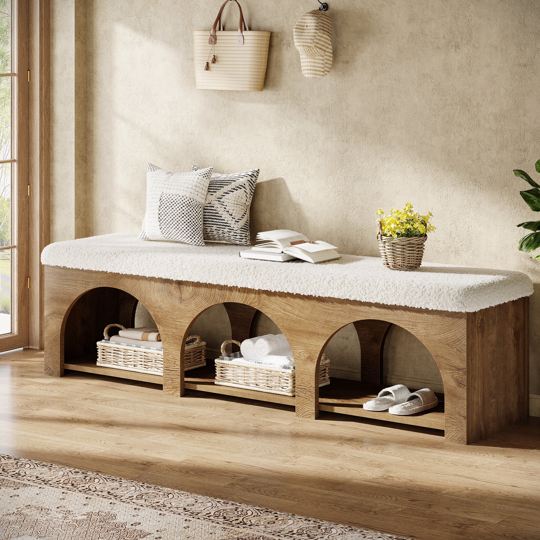 63" Upholstered Entryway Bench, 2-Tier Shoe Bench with Cushion and Shelf