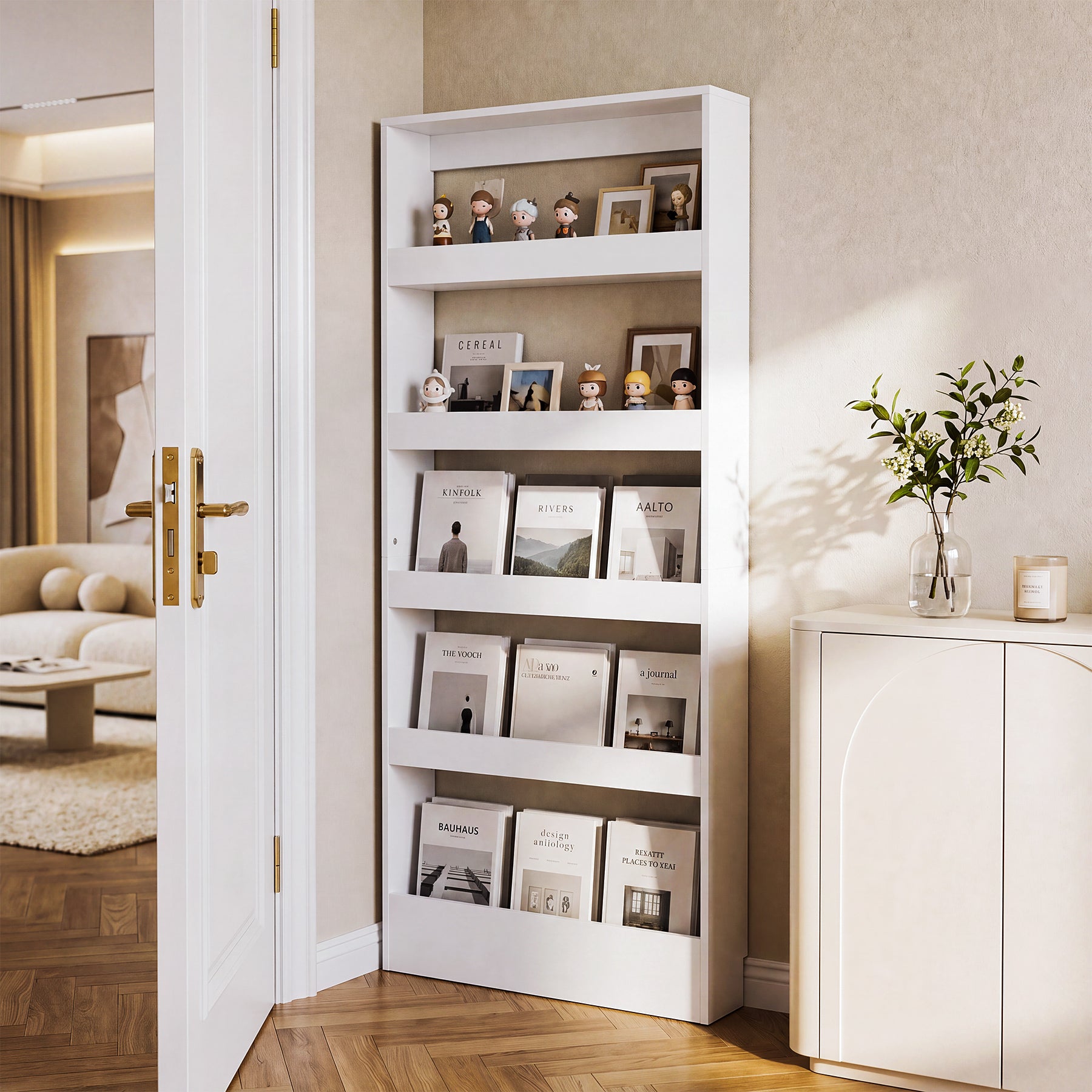 70.8" Slim Bookcase, 5-Tier Bookshelf Wall Mounted Organizer for Living Room & Kitchen