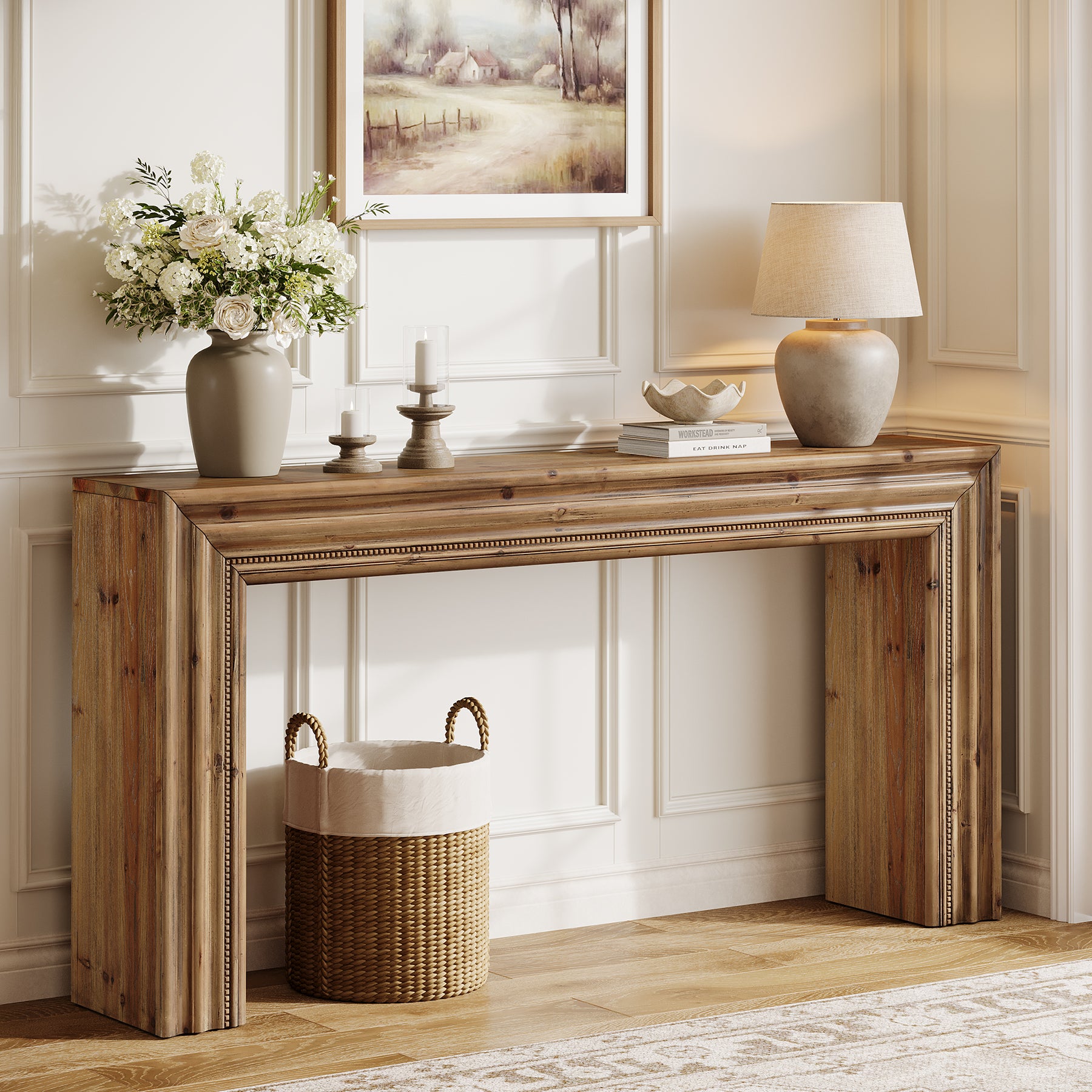 63" Solid Wood Console Table, Narrow Sofa Table Behind Couch with Sculpted Edge