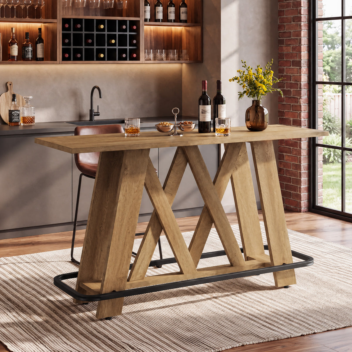 63" Bar Table with A-Frame Legs & Metal Footrest, Rustic Pub Table