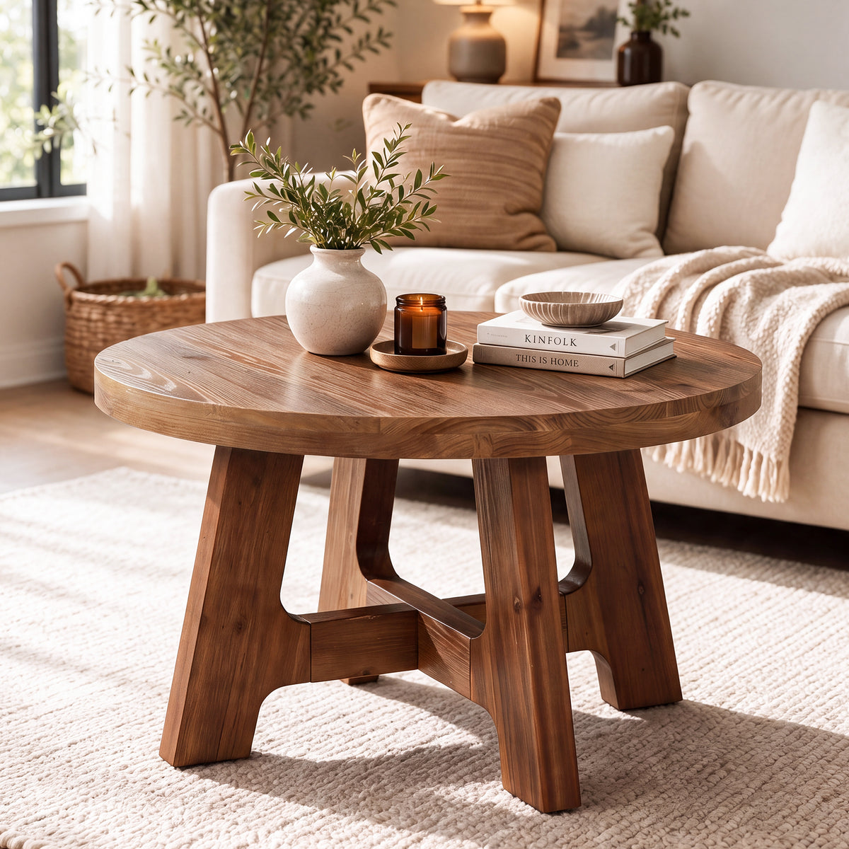 32" Round Solid Wood Coffee Table, Farmhouse 2" Thick Top & Tapered Legs