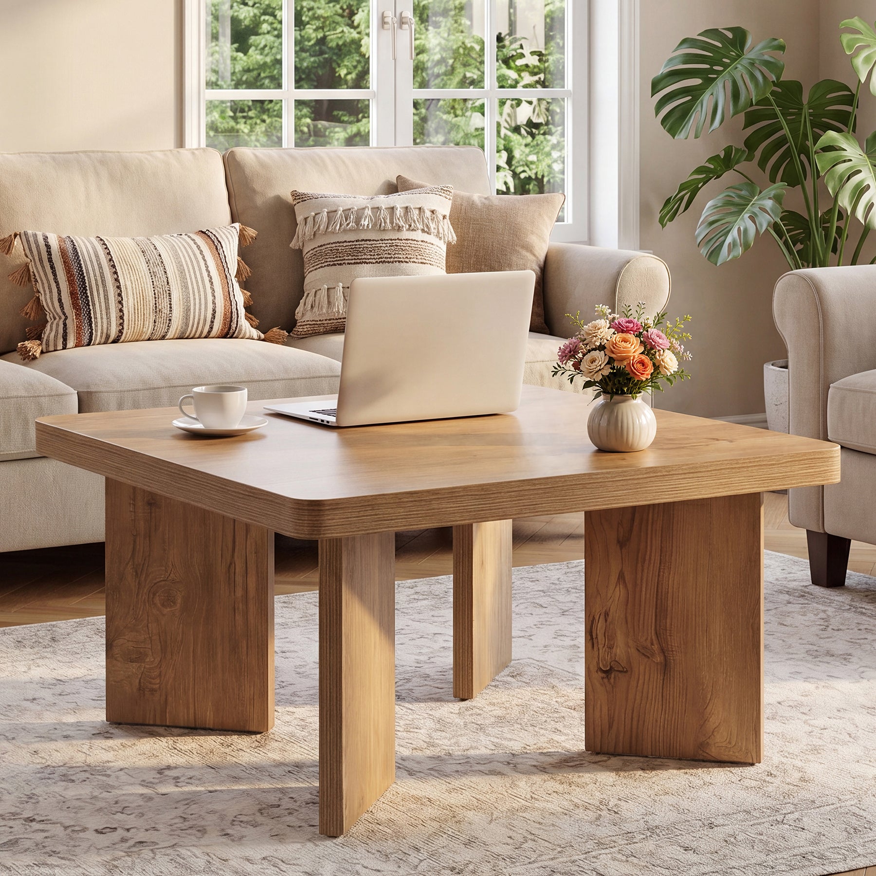 Tribesigns 31.5-Inch Farmhouse Coffee Table with Thickened Tabletop, Square Wood Center Table for Small Spaces