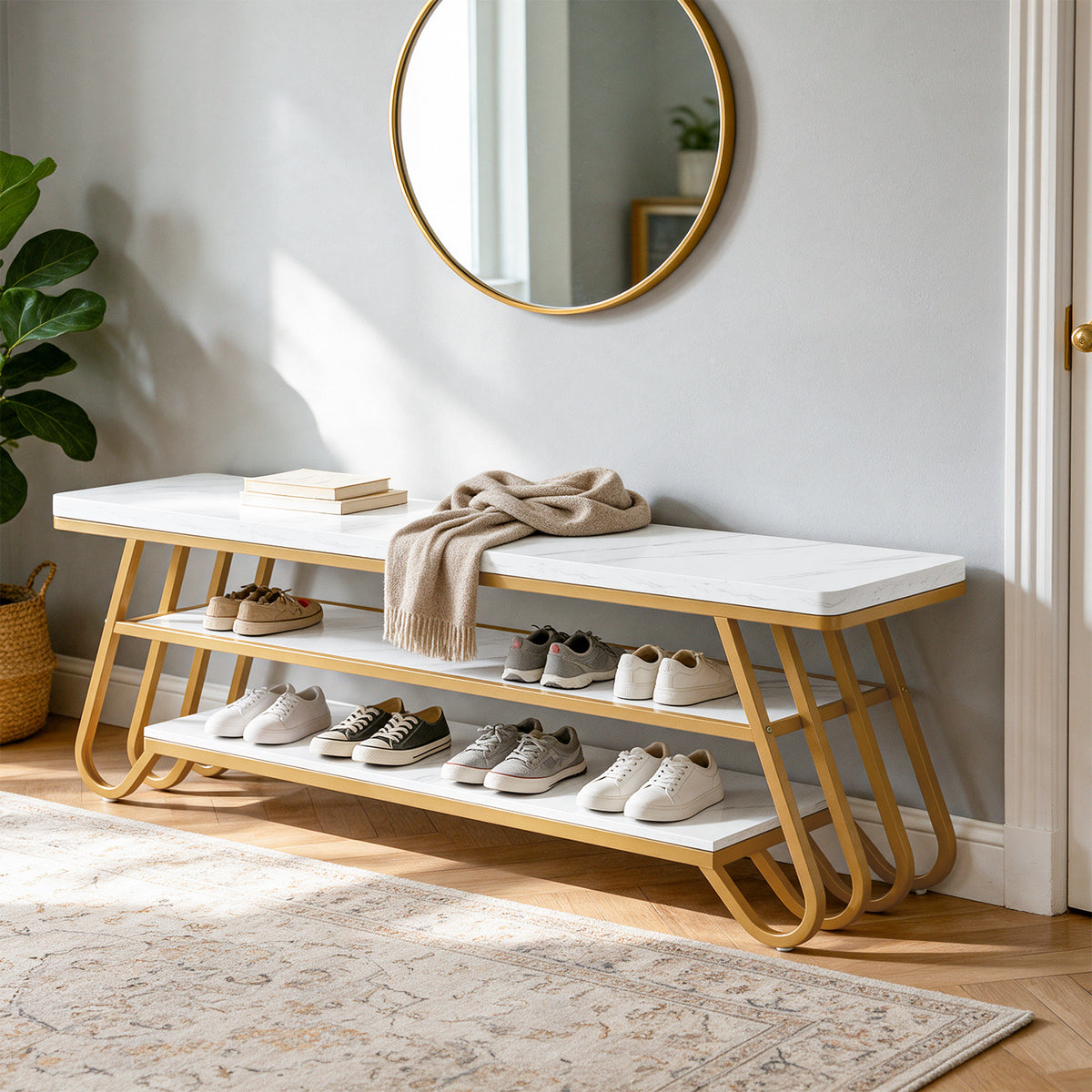 3-Tier Shoe Bench, 63" Entryway Bench with Storage Shelves & Metal Frame
