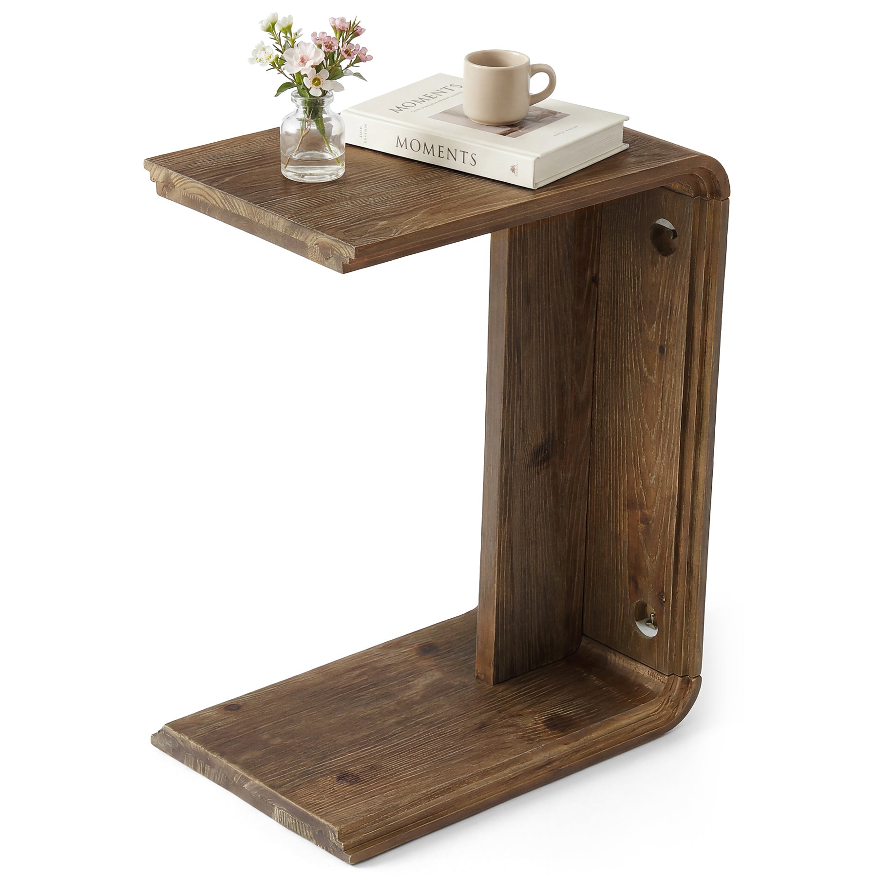 C-Shaped Solid Wood End Table for Sofa Side, Narrow Side Table for Living Room and Bedroom