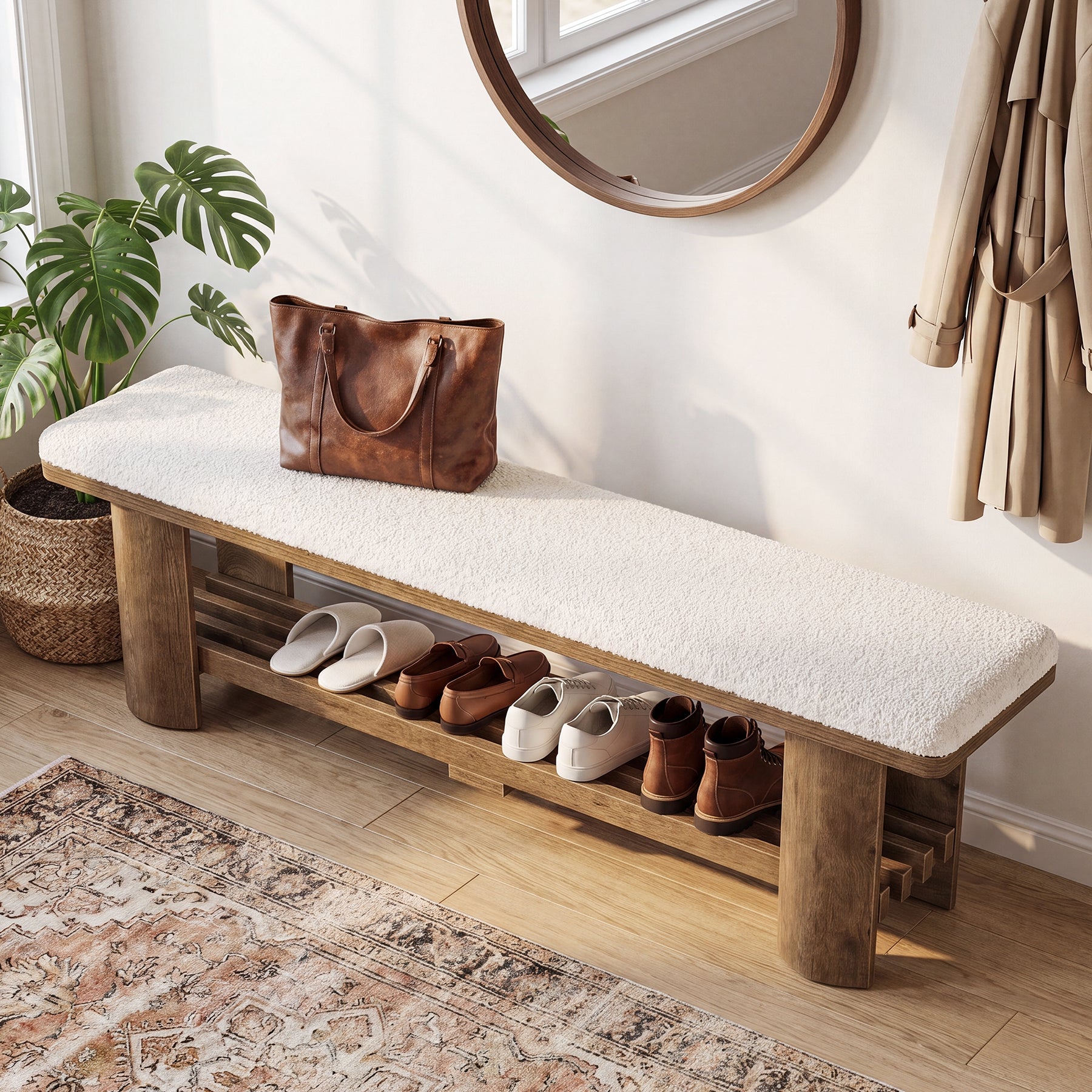 62.9" Entryway Bench with Storage, Upholstered Shoe Bench with Faux Lamb Wool Cushion