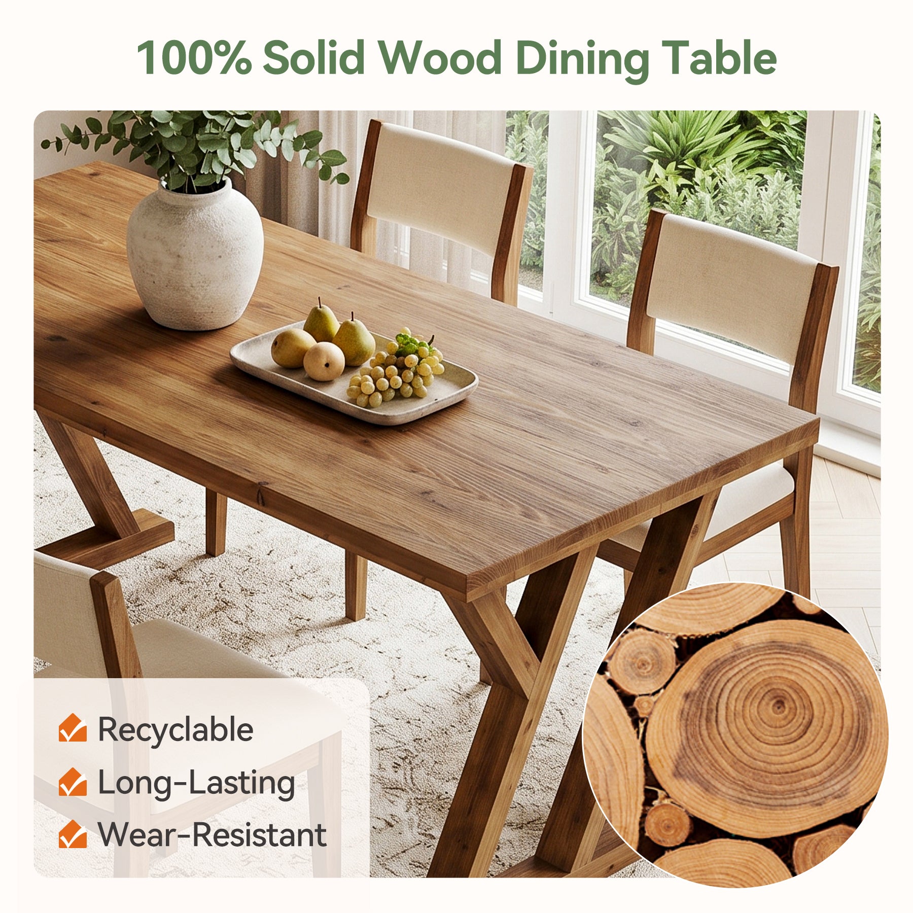 63" Wood Dining Table, Farmhouse Kitchen Dinner Table for 4-6 People
