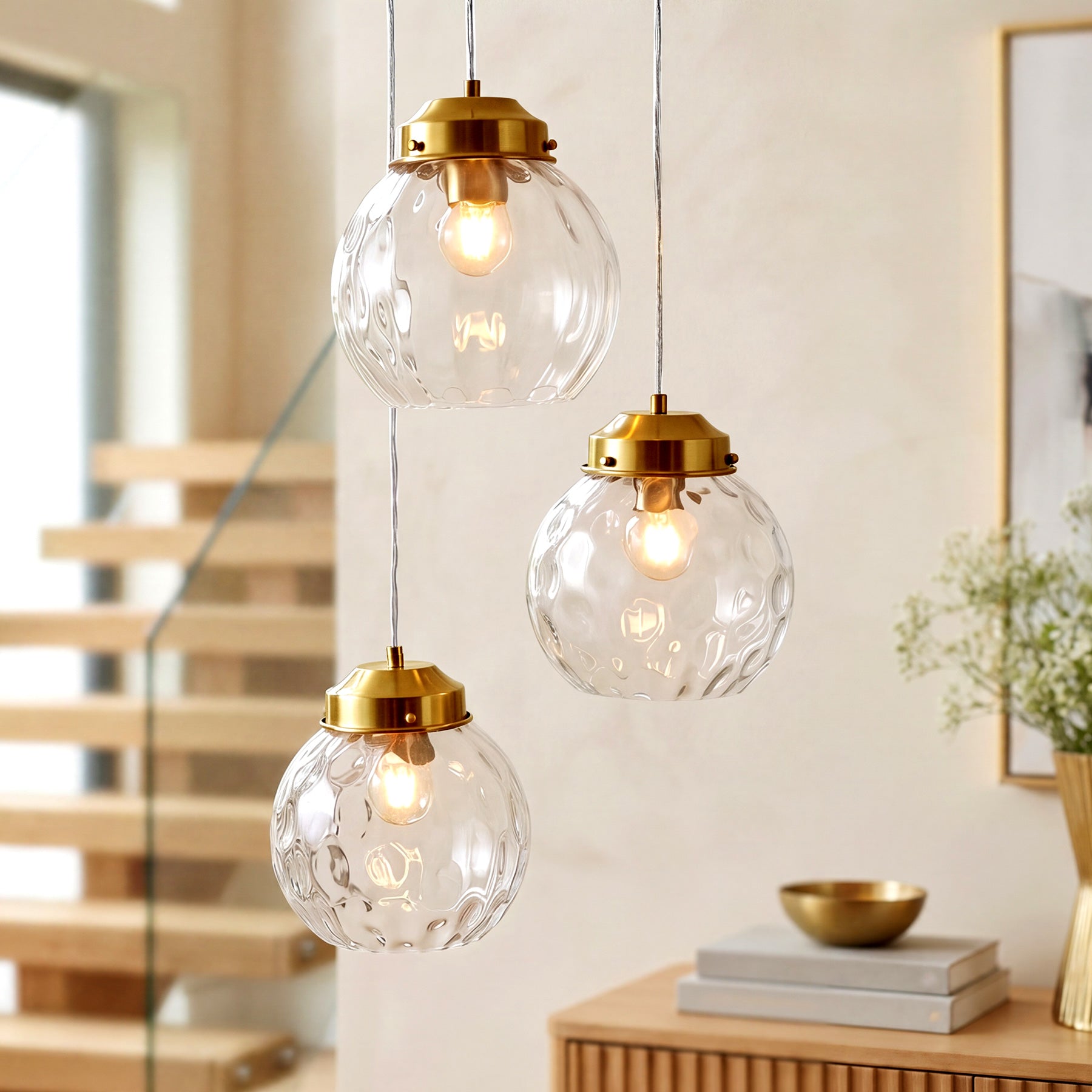 3-Light Pendant Lighting Fixtures with Adjustable Hanging Cords, Hammered Glass Globe Shades