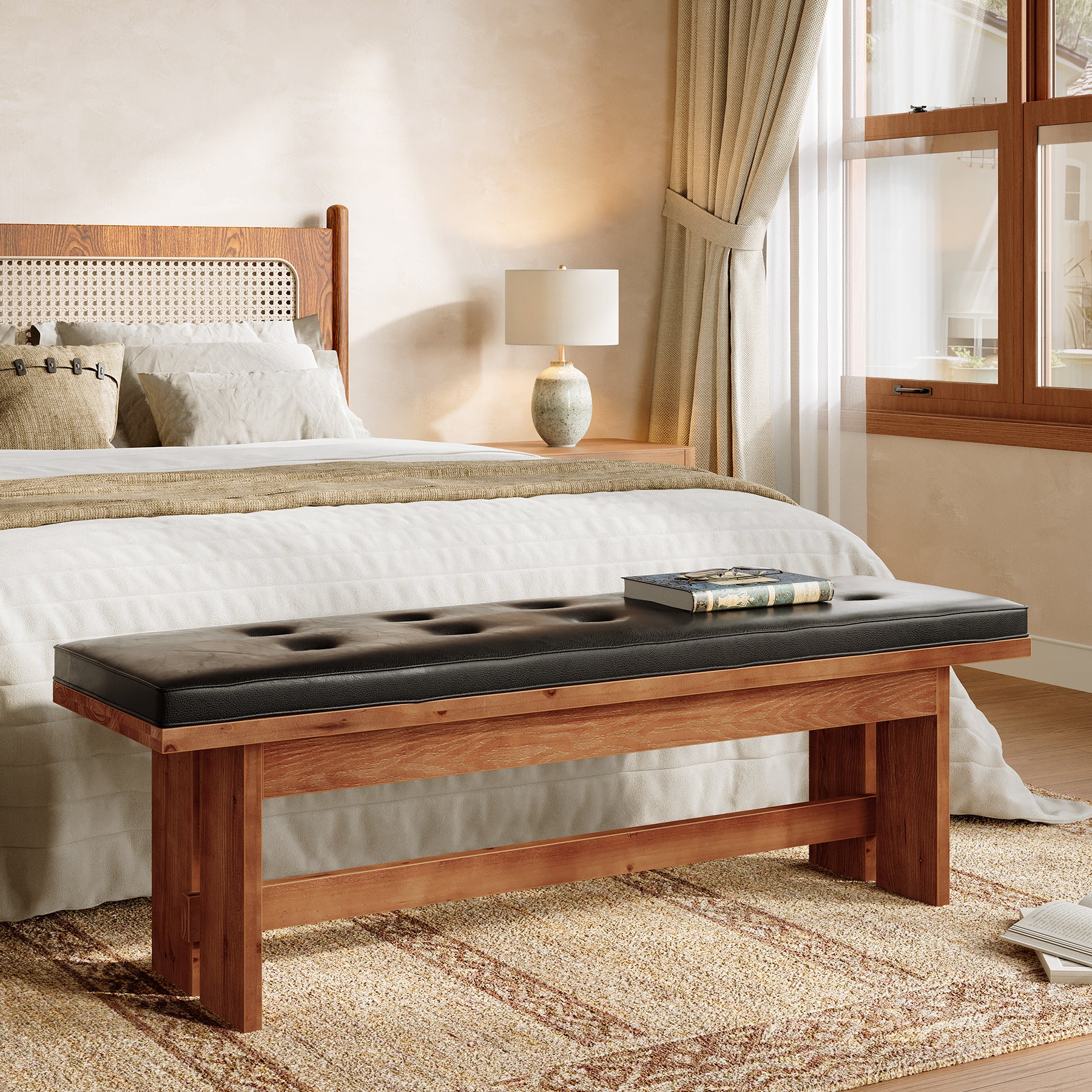 Solid Wood Shoe Bench with Cushion, 55" Upholstered Entryway Bench