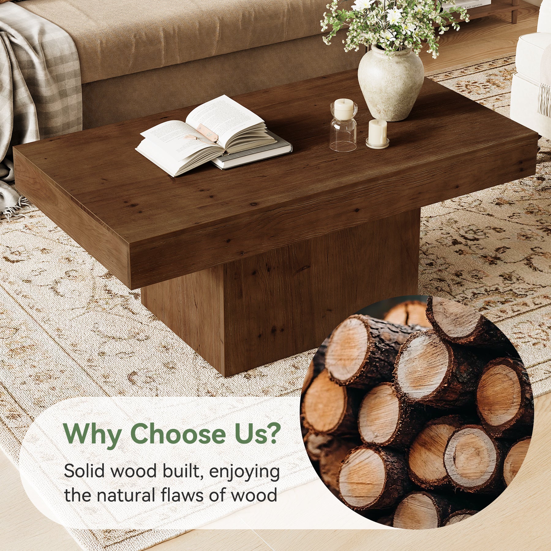 47.24" Solid Wood Coffee Table, Rectangle Center Table with Sturdy Pedestal