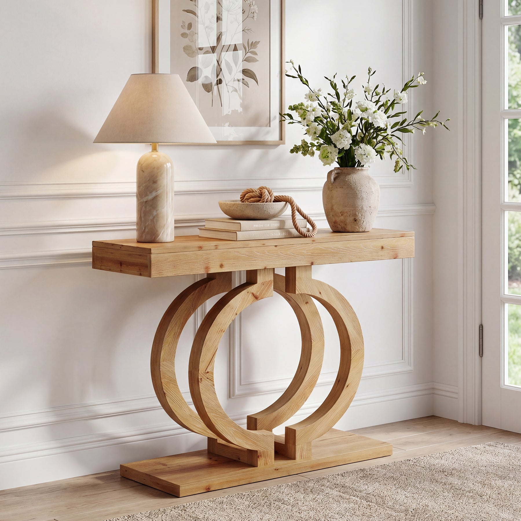 Solid Wood Console Table, 43.3" Entryway Sofa Table with Double-Circle Base for Hallway