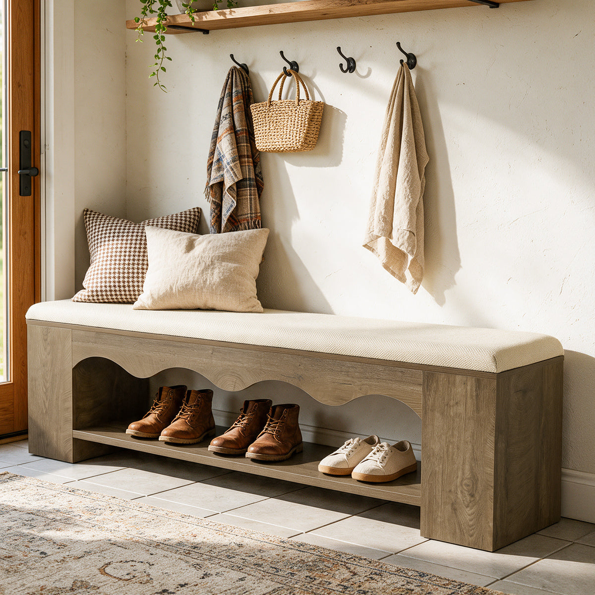 63" Upholstered Entryway Bench, 2-Tier Shoe Bench with Cushion & Open Storage Shelf