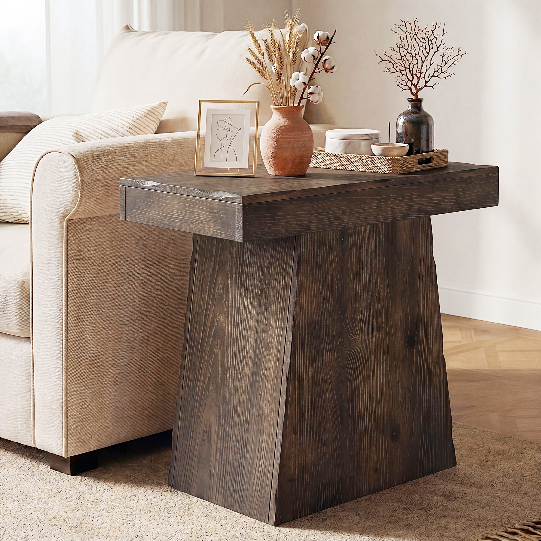 Tribesigns 23.6-Inch Solid End Table, Stable Wood Side Table with Trapezoid Base for Living Room and Small Space