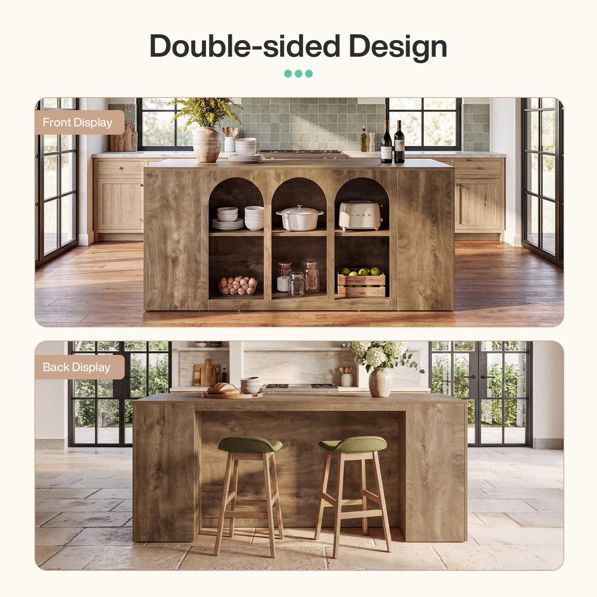 79" Kitchen Island Table with Seating Space, Farmhouse Arched Open Storage Shelves