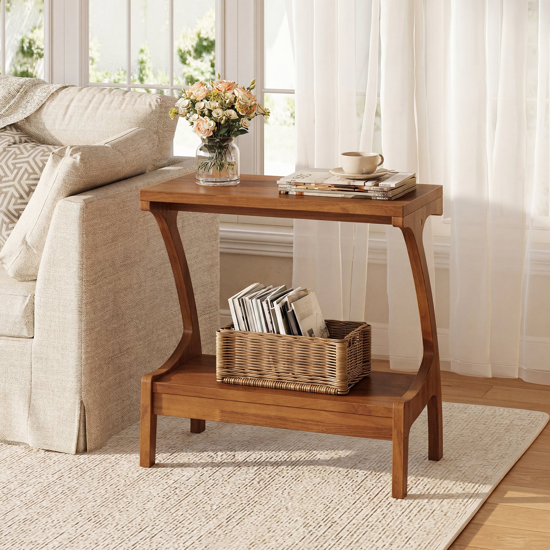 Solid Wood End Table, Narrow Side Table with 2-Tier Storage Shelf