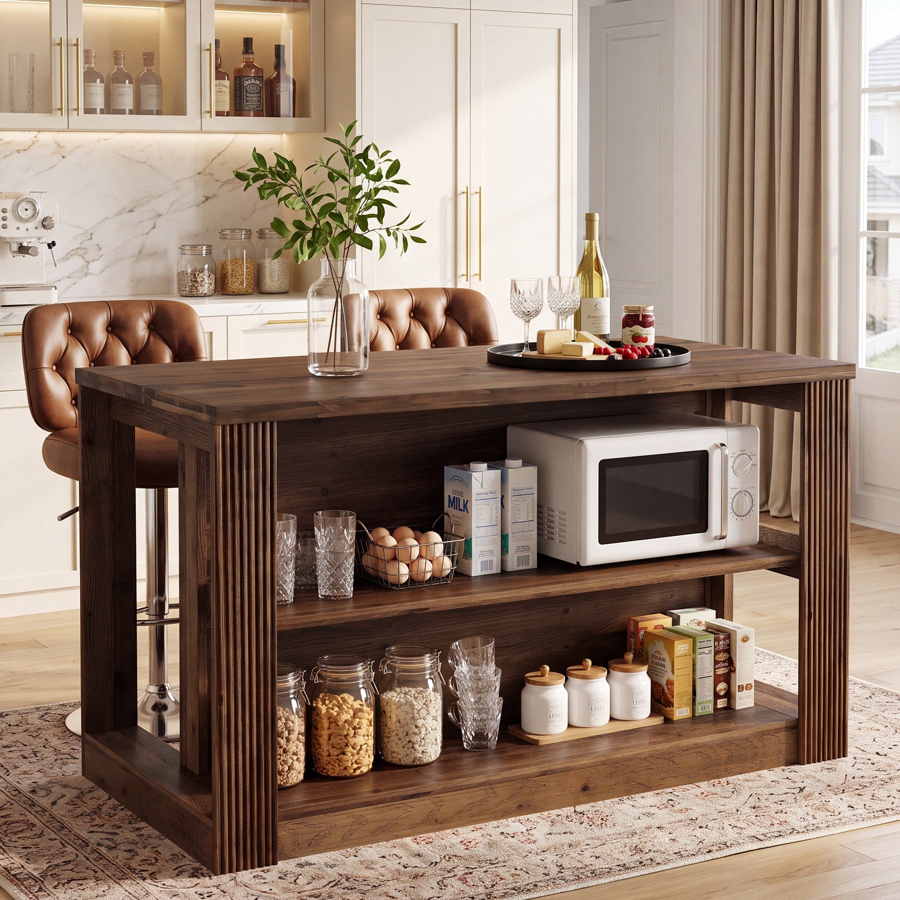 55" Kitchen Island Table, Solid Wood Stationary Storage Islands with 2-Tier Shelves