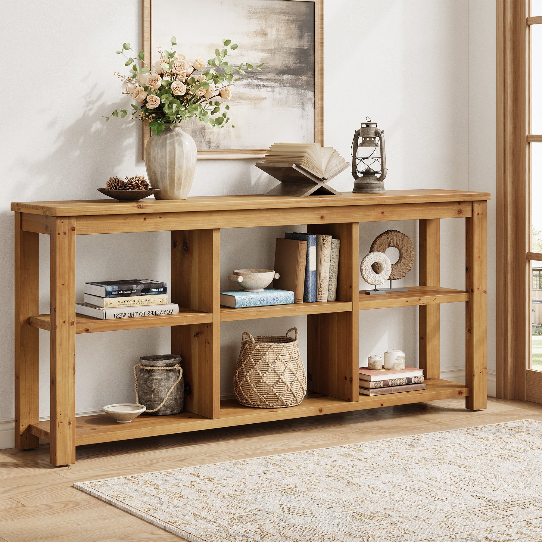 63" Console Table, 3-Tier Solid Wood Sofa Table with 6 Storage Cubes