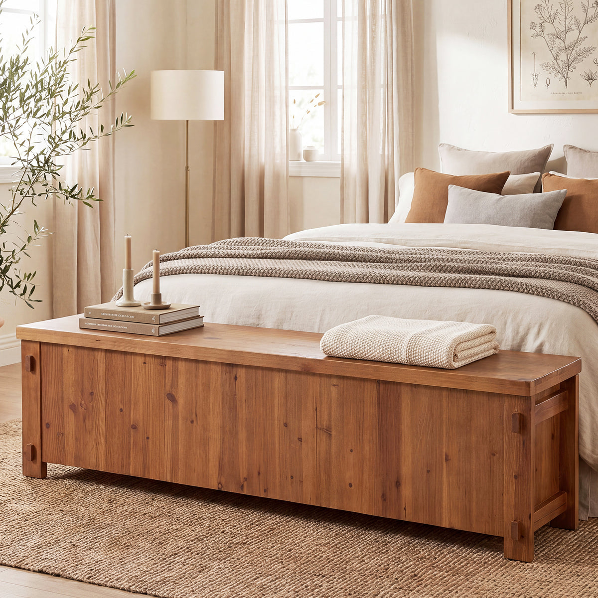 63" Solid Wood Storage Bench, Farmhouse End of Bed Bench with Soft-Close Lid for Bedroom