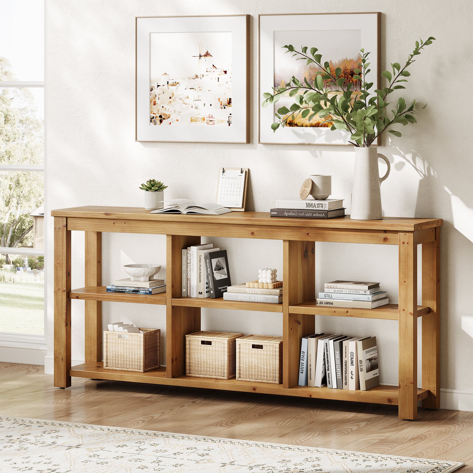 63" Console Table, 3-Tier Solid Wood Sofa Table with 6 Storage Cubes