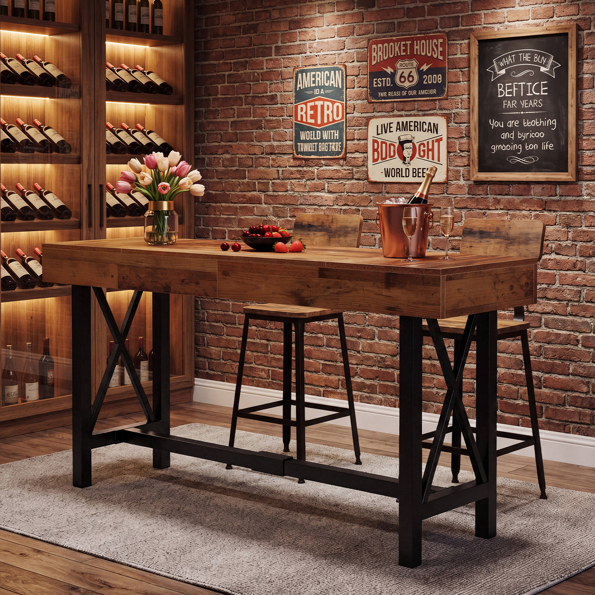 71" Counter Height Bar Table, Industrial Rectangular Pub Table with Metal Footrest