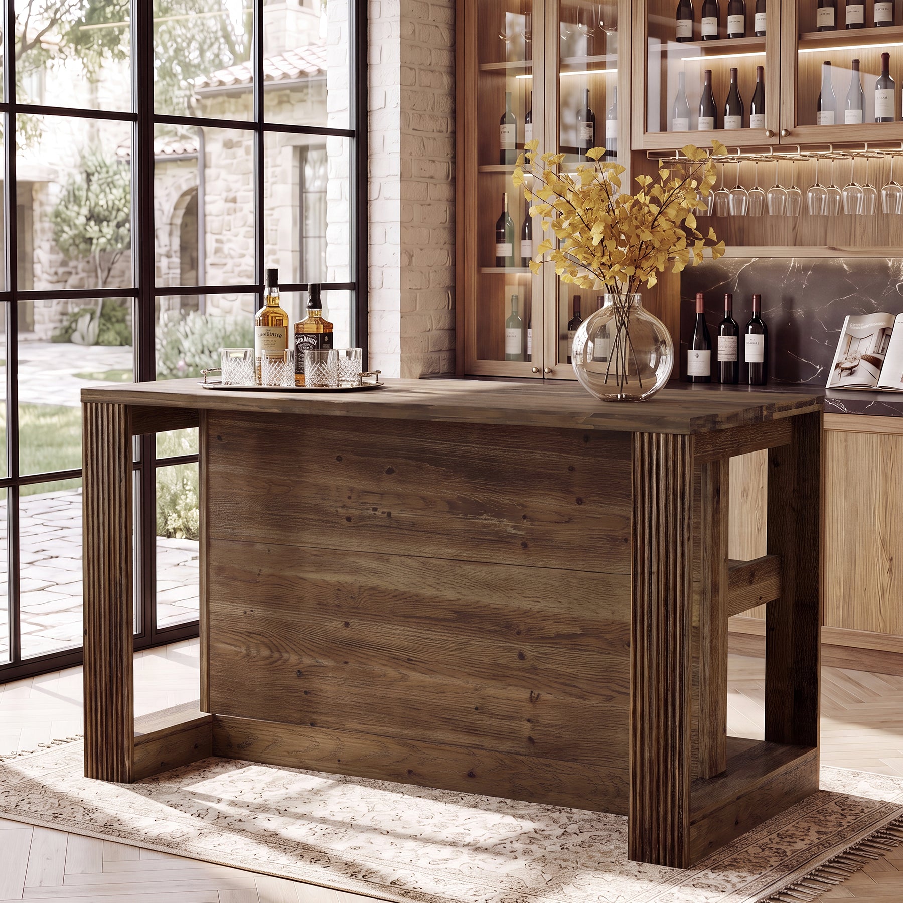 55" Home Bar Table, Solid Wood Counter Height Pub Table for Dining Room