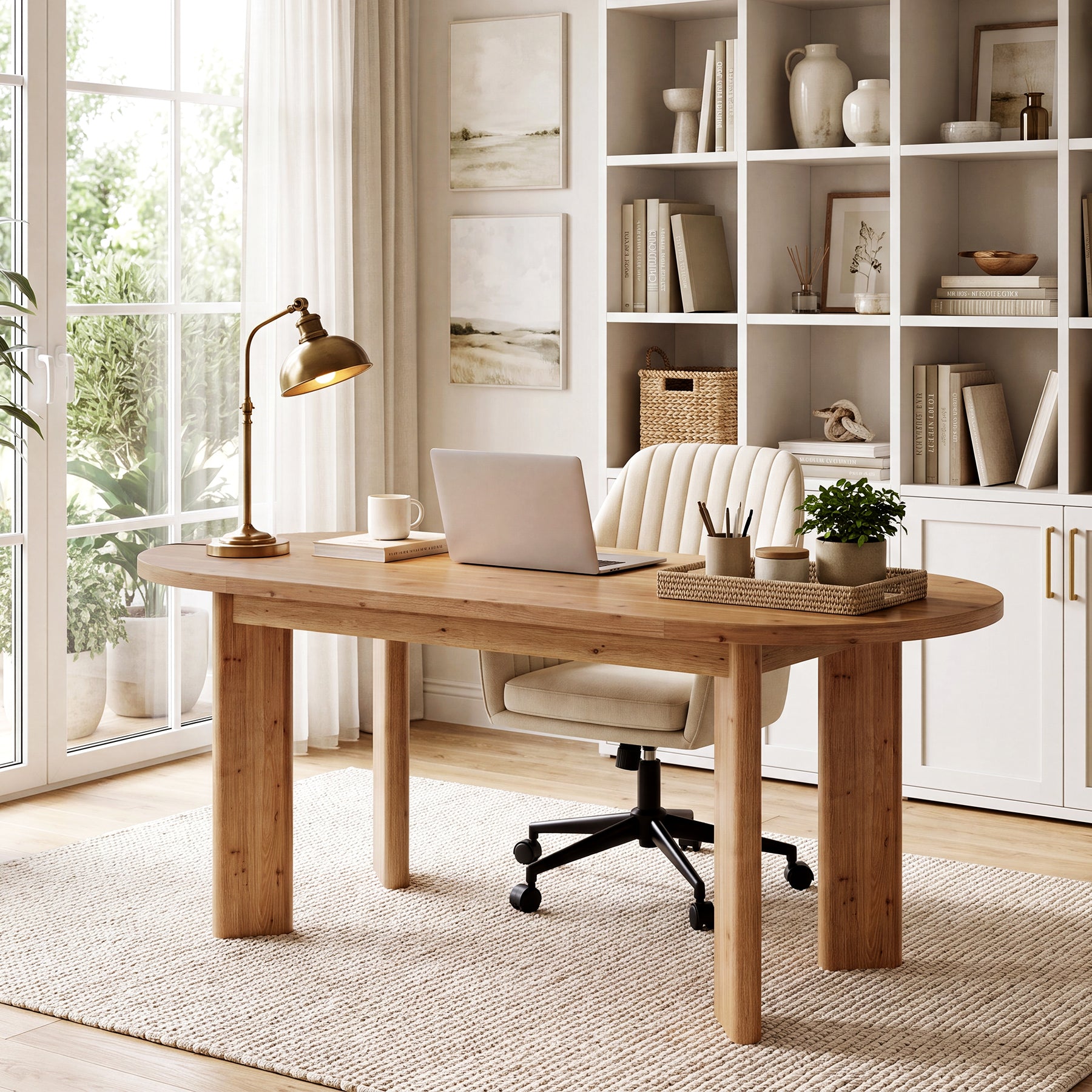 63" Oval Executive Desk, Office Solid Wood Computer Desk with Reinforced Frame