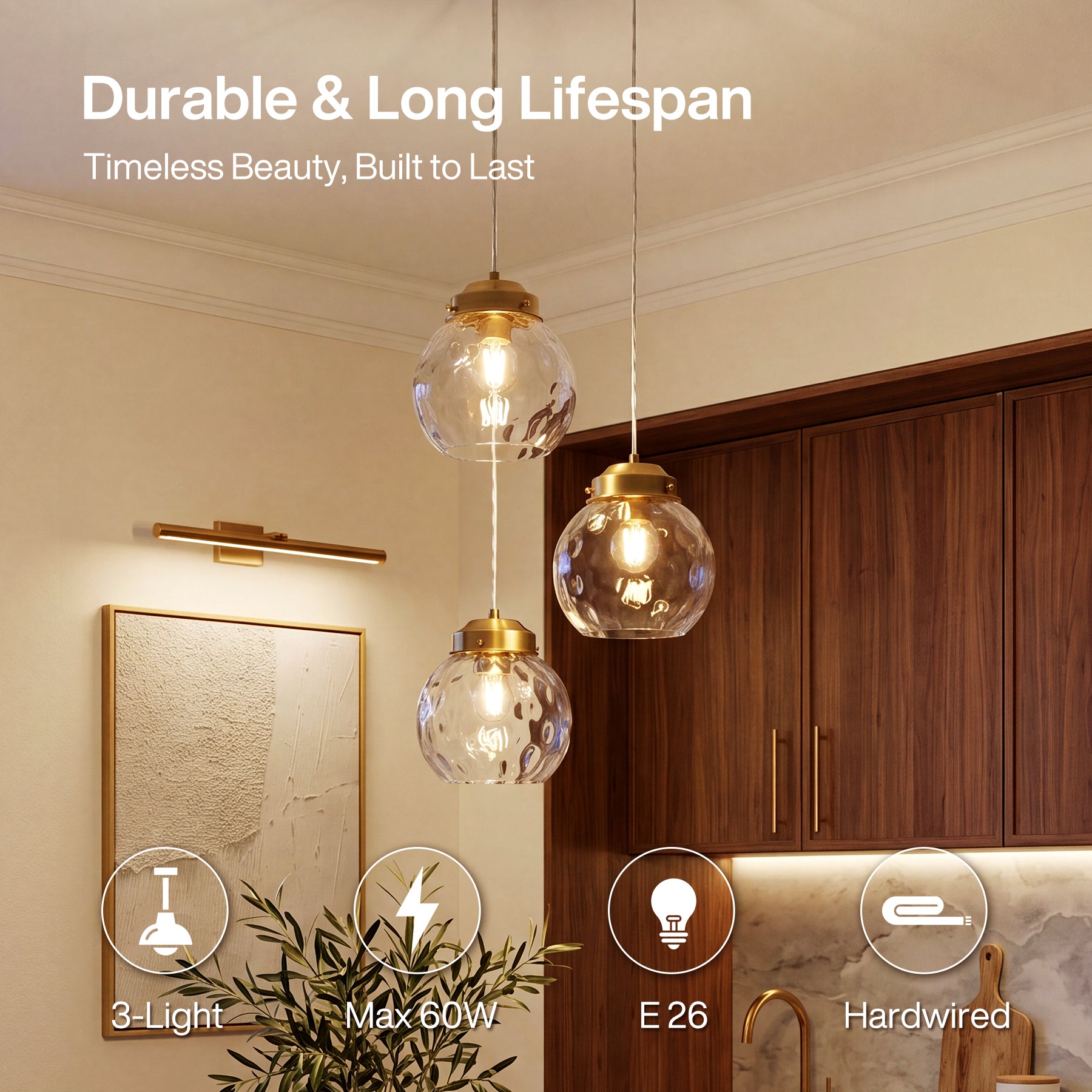 3-Light Pendant Lighting Fixtures with Adjustable Hanging Cords, Hammered Glass Globe Shades