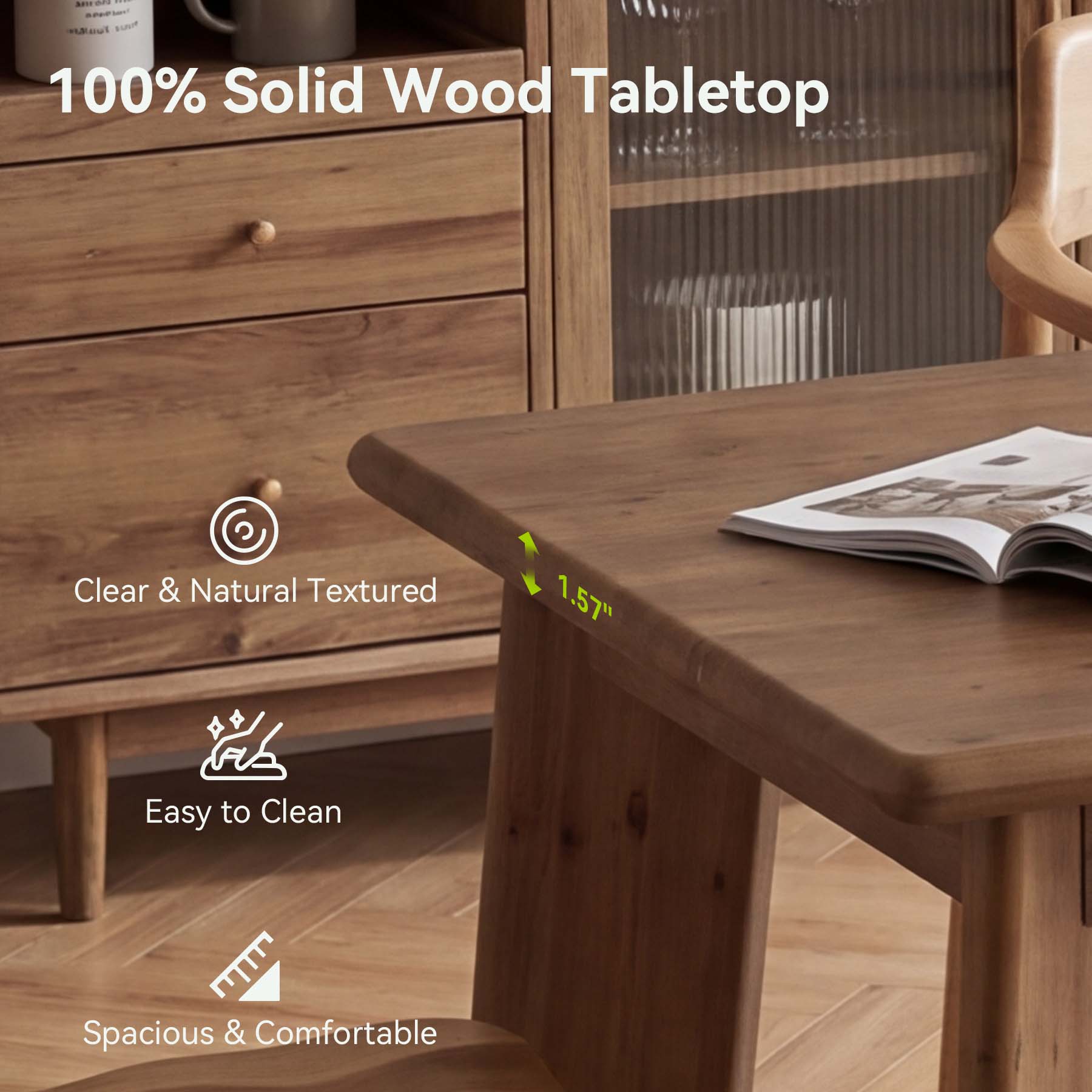 63" Solid Wood Dining Table for 4-6, Rectangular Farmhouse Kitchen & Dining Room Table with Angled Legs, Vintage Style