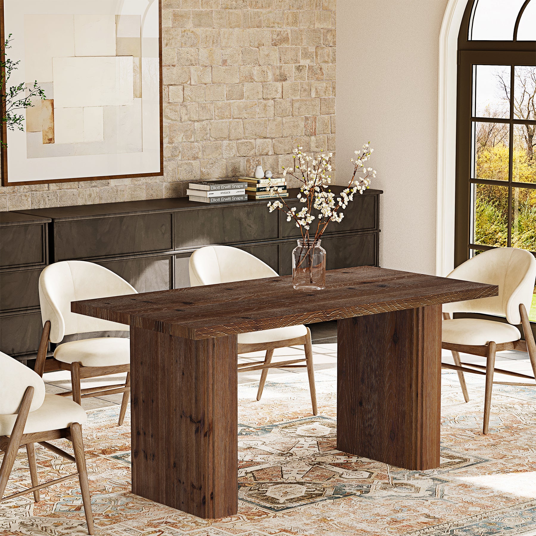 63” Solid Wood Farmhouse Dining Table for 4–6, Rectangular Kitchen Table with Pedestal Base