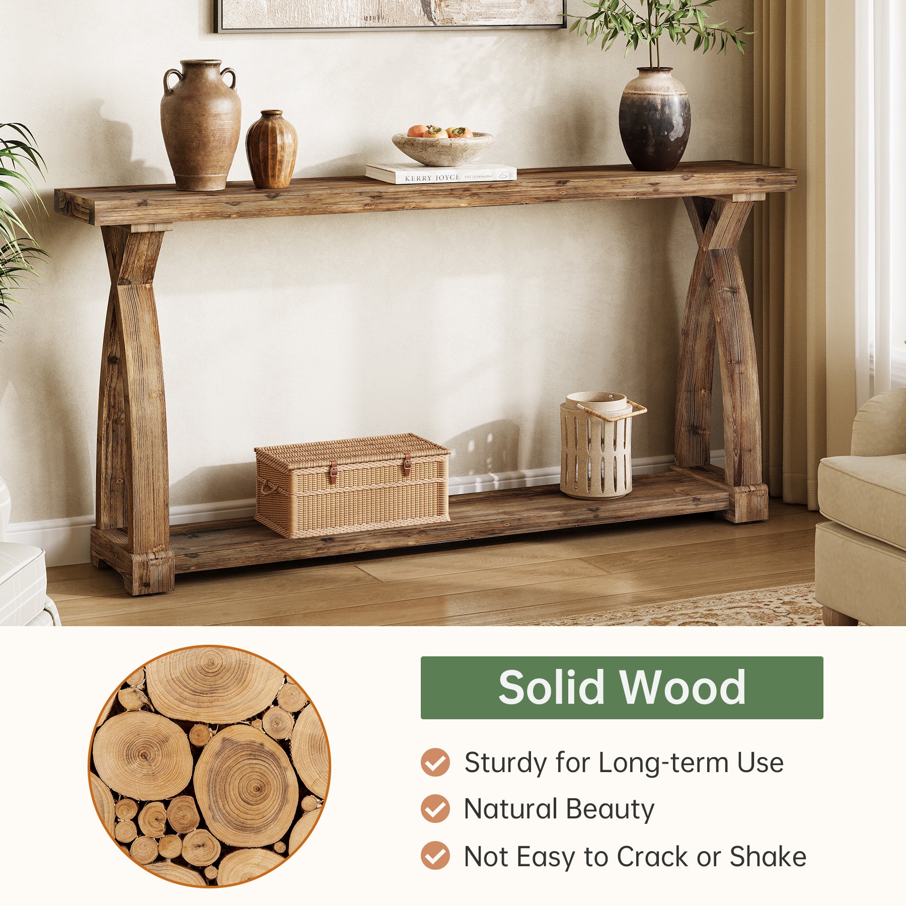 63" Solid Wood Console Table, Narrow Sofa Entryway Table with 2-Tier Storage