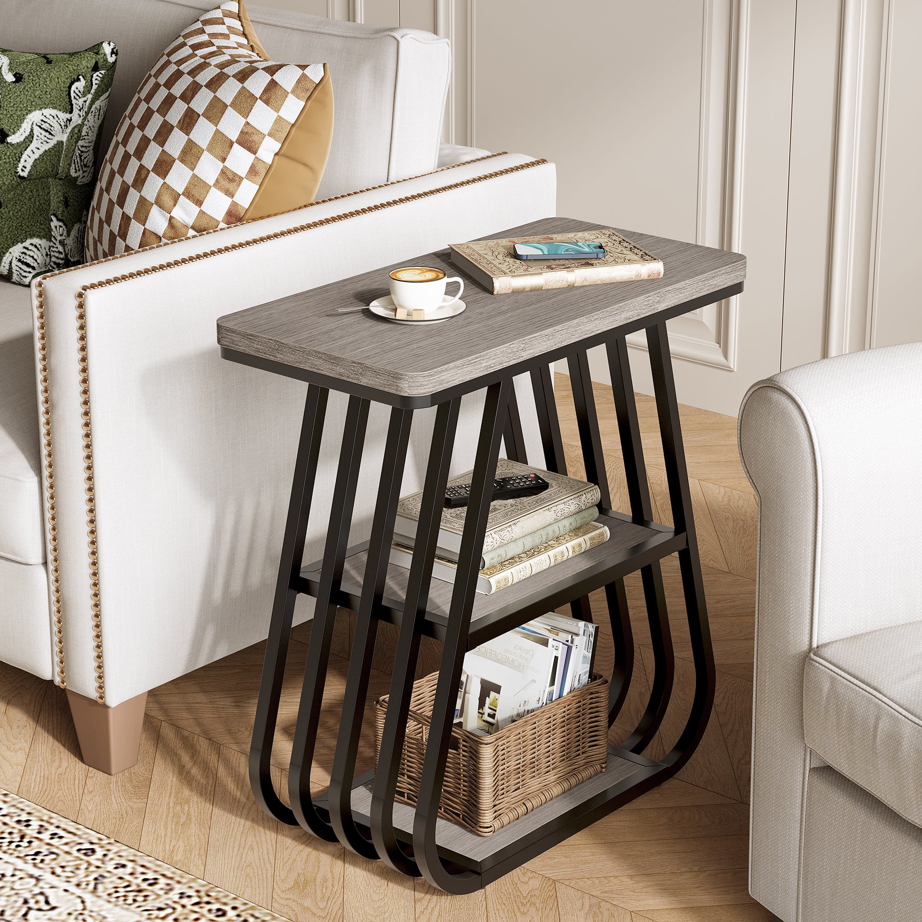 3-Tier End Table, 23.62" Side Table with Storage Shelves for Small Spaces