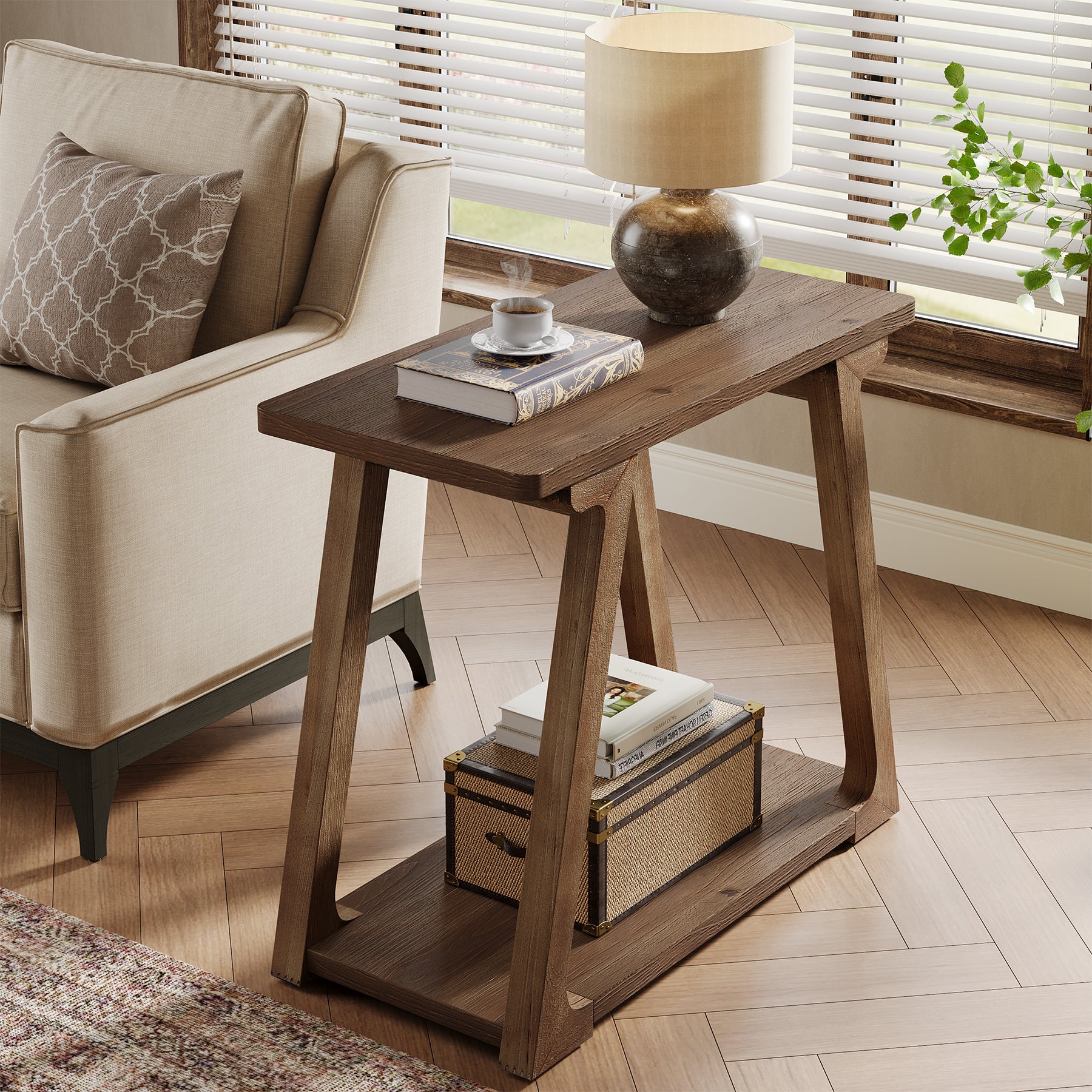 Solid Wood End Table, Narrow Side Table Nightstand with 2-Tier Storage