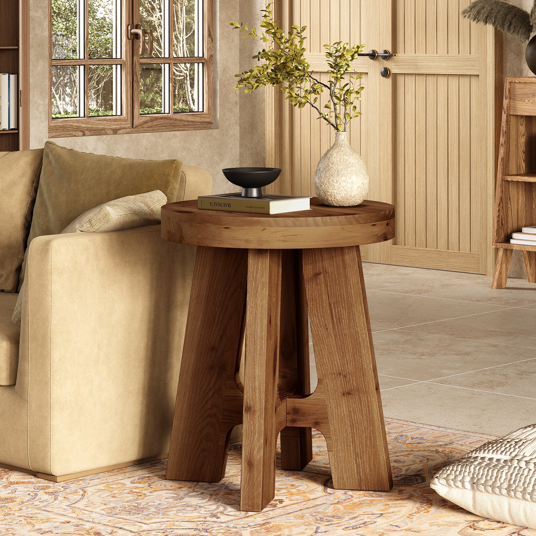 Solid Wood End Table, Round Side Table with Heavy-Duty Legs for Couch