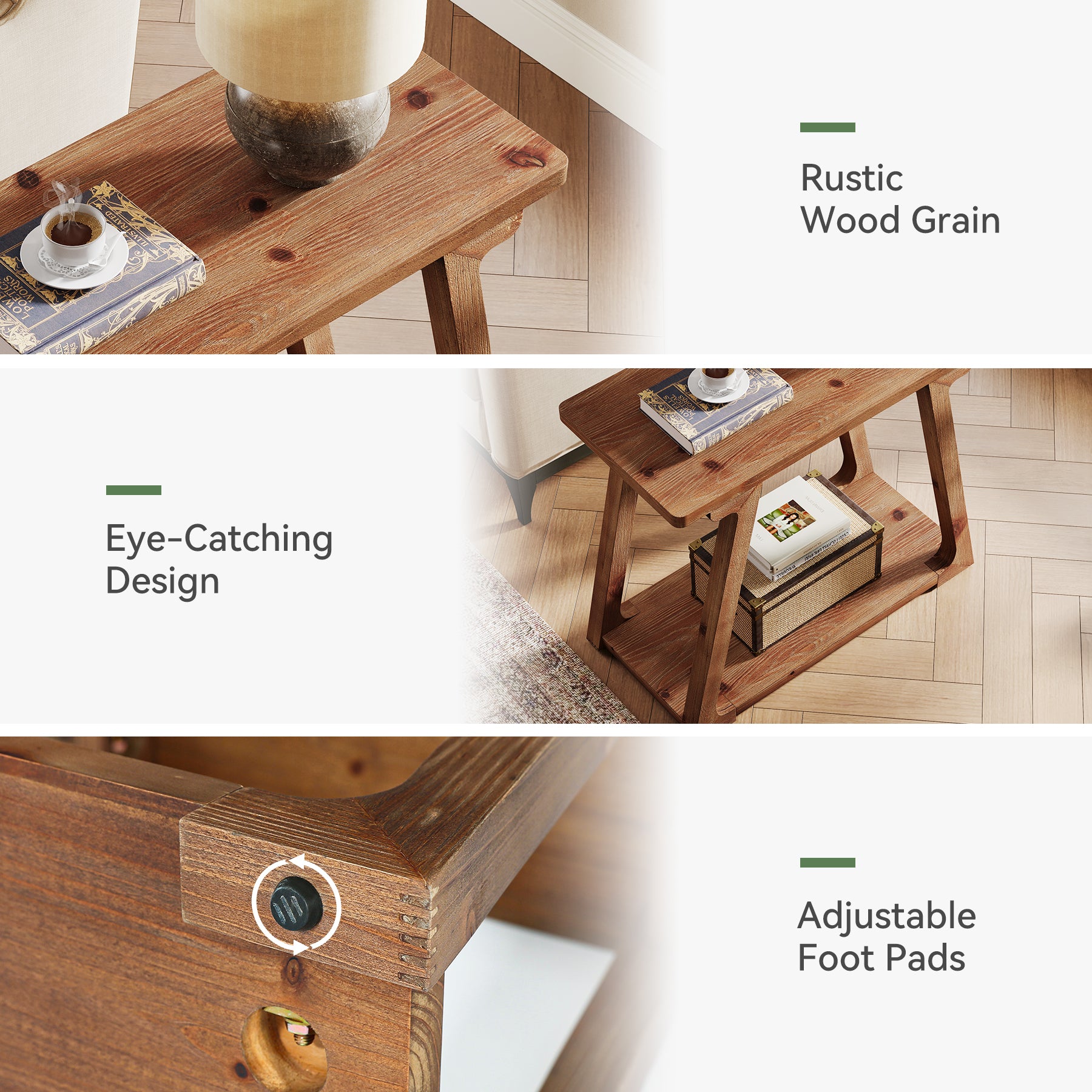 Solid Wood End Table, Narrow Side Table Nightstand with 2-Tier Storage