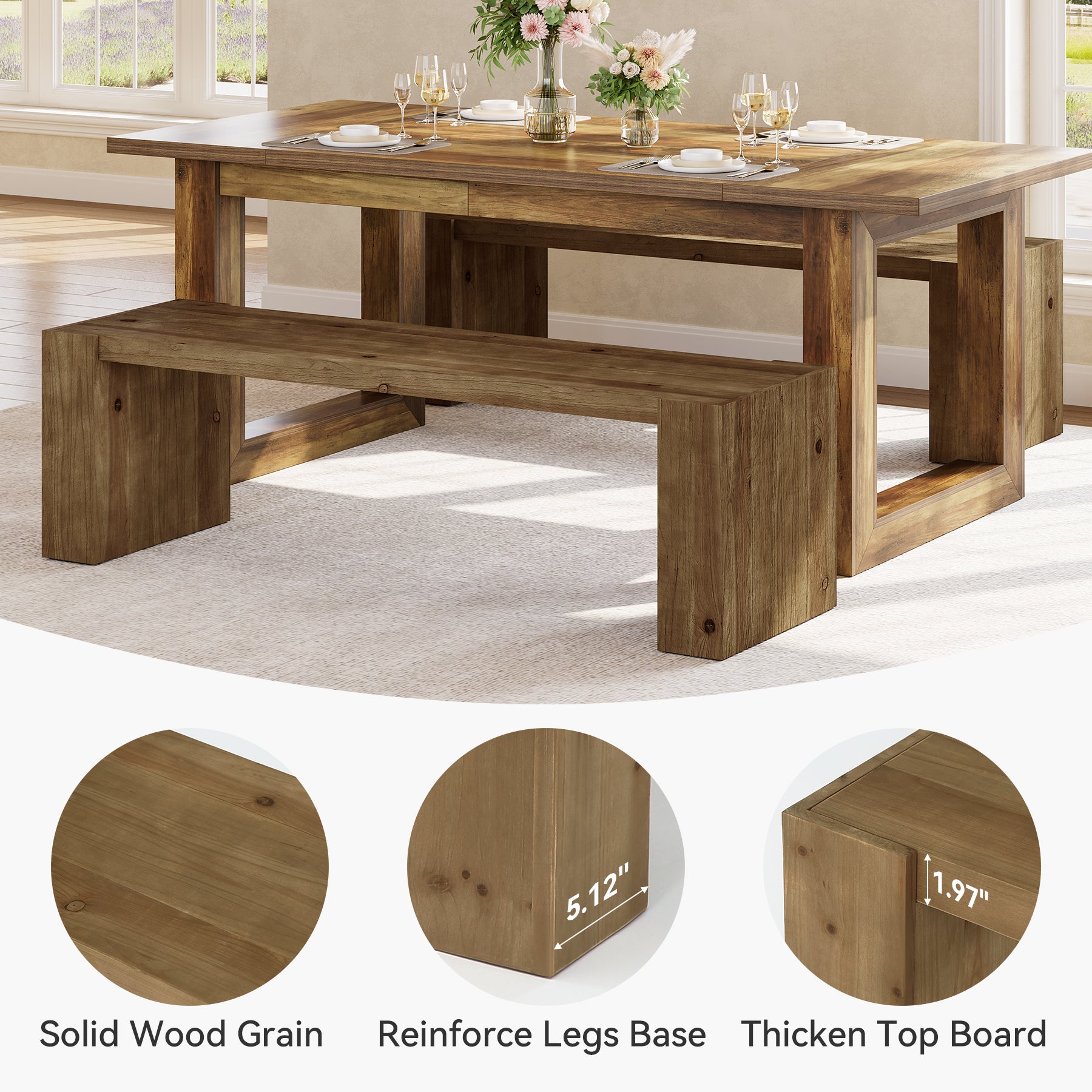 59" Long Dining Bench, Solid Wood Kitchen Table Bench Seat