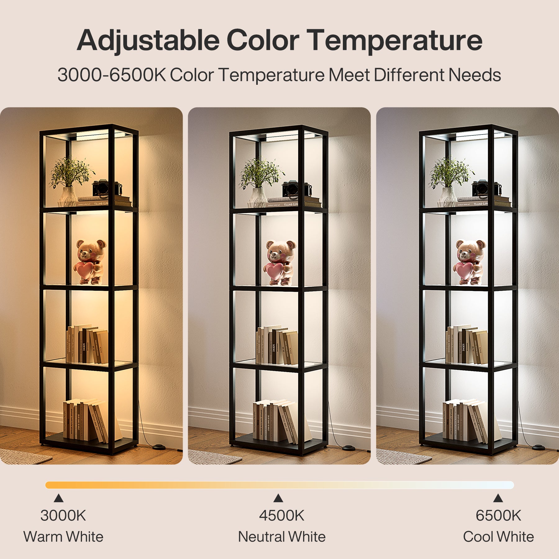 LED Floor Lamp, 4-Tier Bookshelf with Glass Shelves & Light