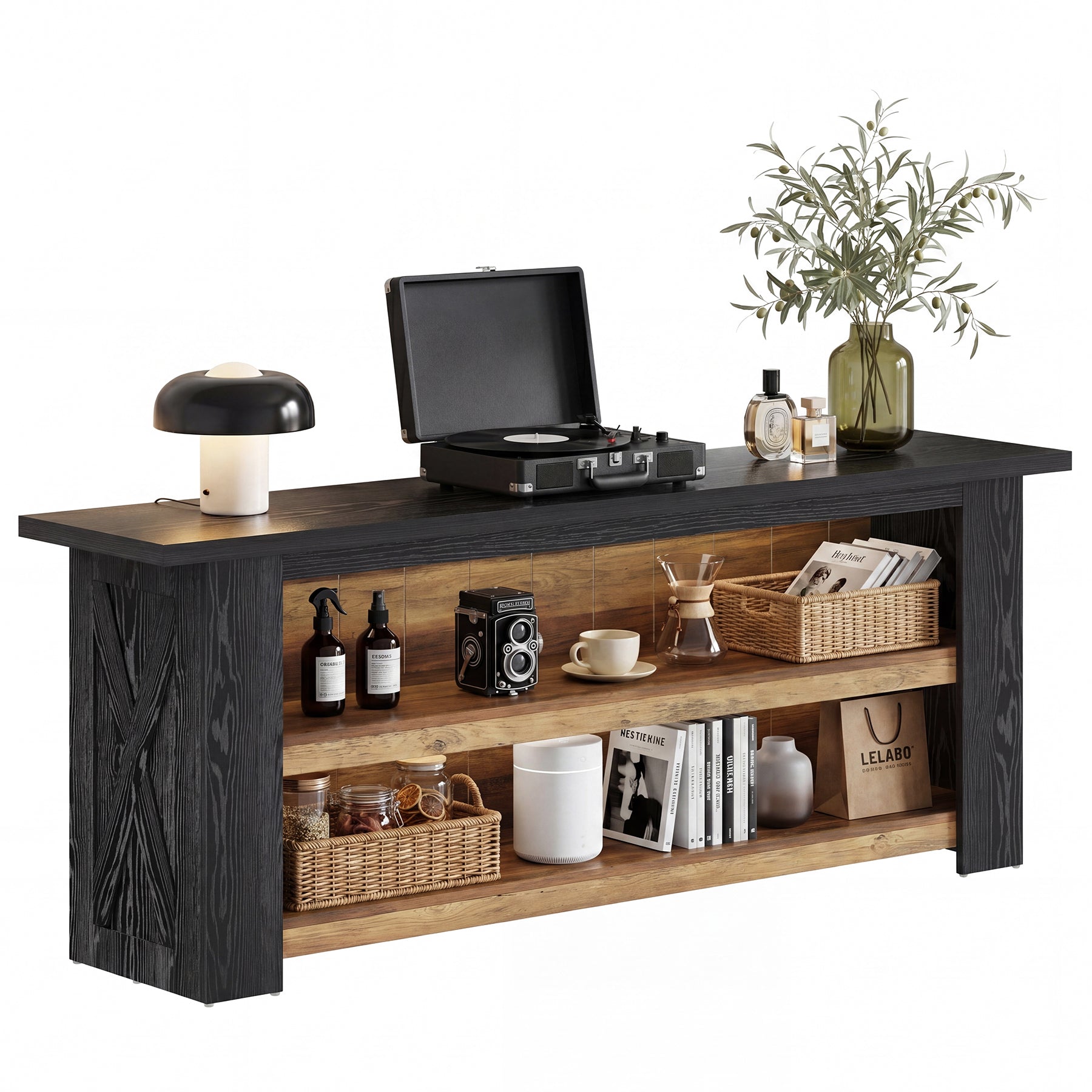63-Inch Farmhouse TV Stand with X-Shaped Side Panels, Black Entertainment Center for Living Room