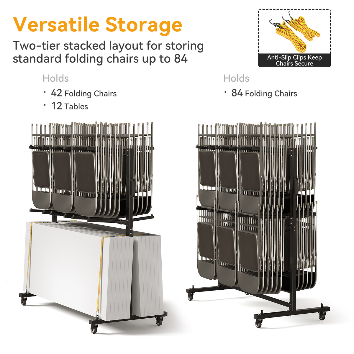Heavy-Duty Folding Chair Rack On Wheels for Up to 84 Chairs or 12 Tables+42 Chairs, 800 LBS Capacity