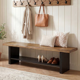 55" Solid Wood Entryway Bench, 2-Tier Farmhouse Bench with Shoe Storage 3