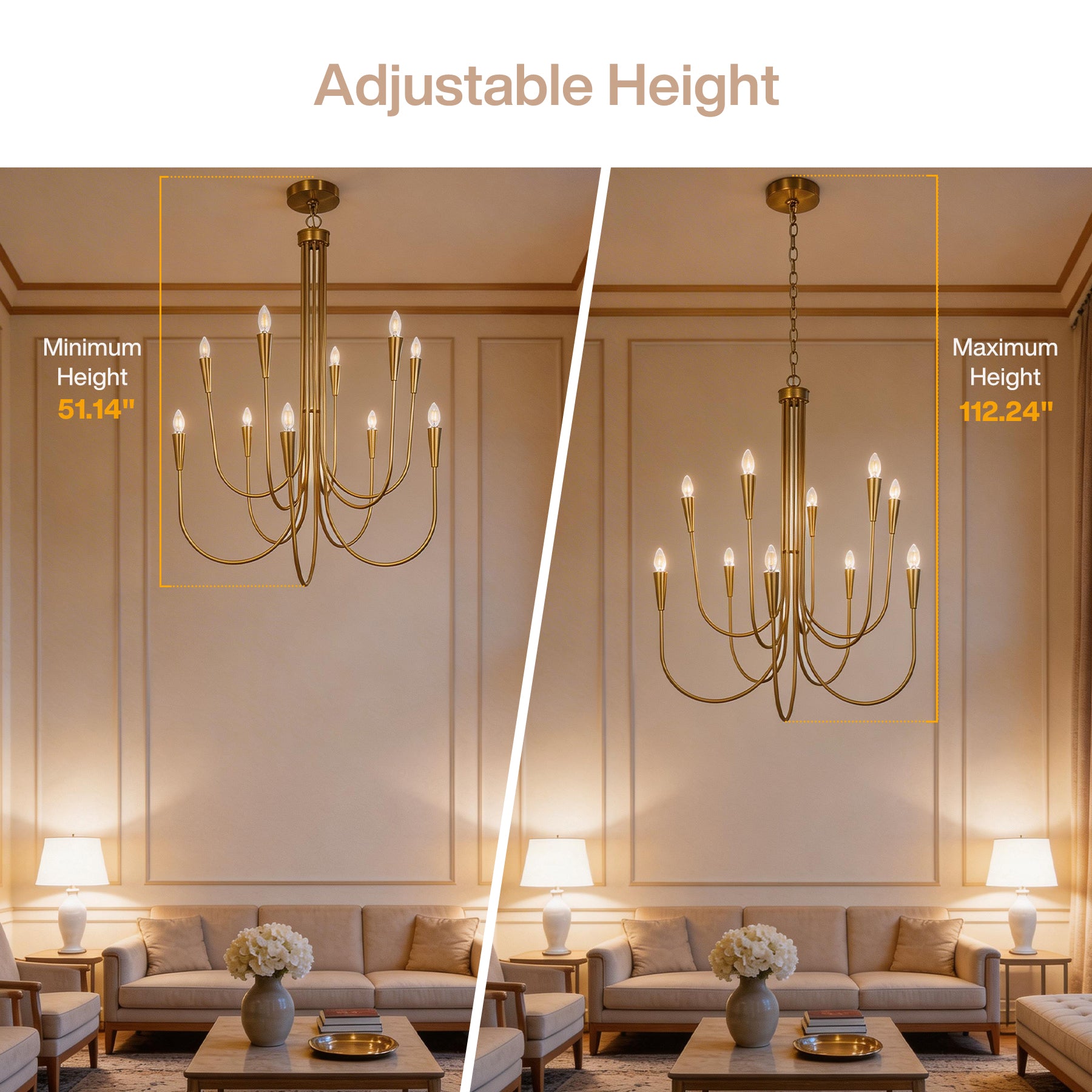 10-Light Modern Chandelier, U-Shaped Arms Pendant Light Fixture