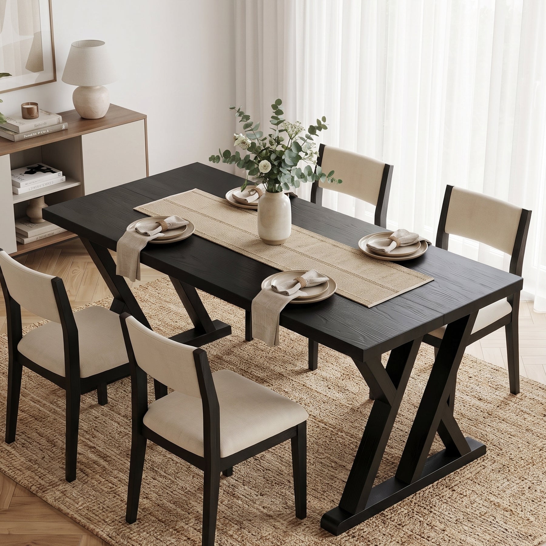 63" Wood Dining Table, Farmhouse Kitchen Dinner Table for 4-6 People