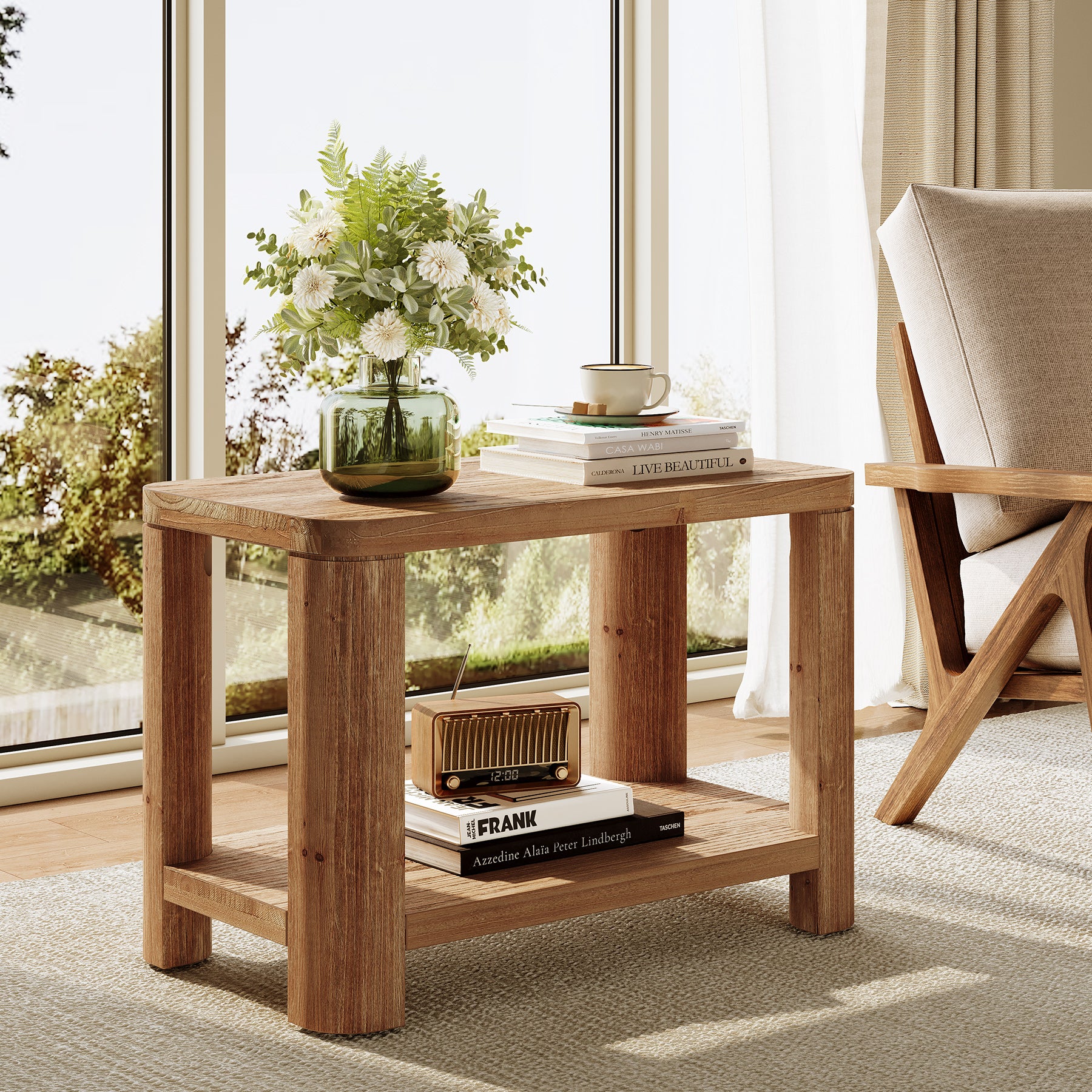 Solid Wood End Table, Rectangle Side Table Nightstand with 2-Tier Shelf