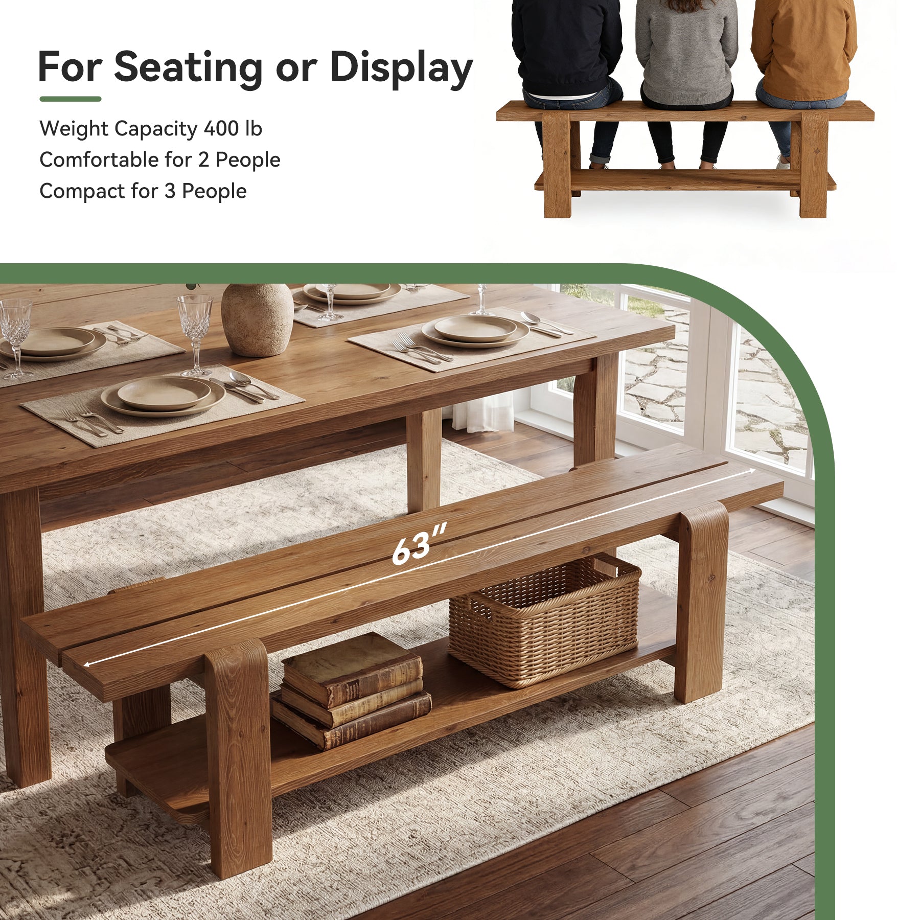 63" Farmhouse Dining Bench, Solid Wood Kitchen Bench Dining Seat