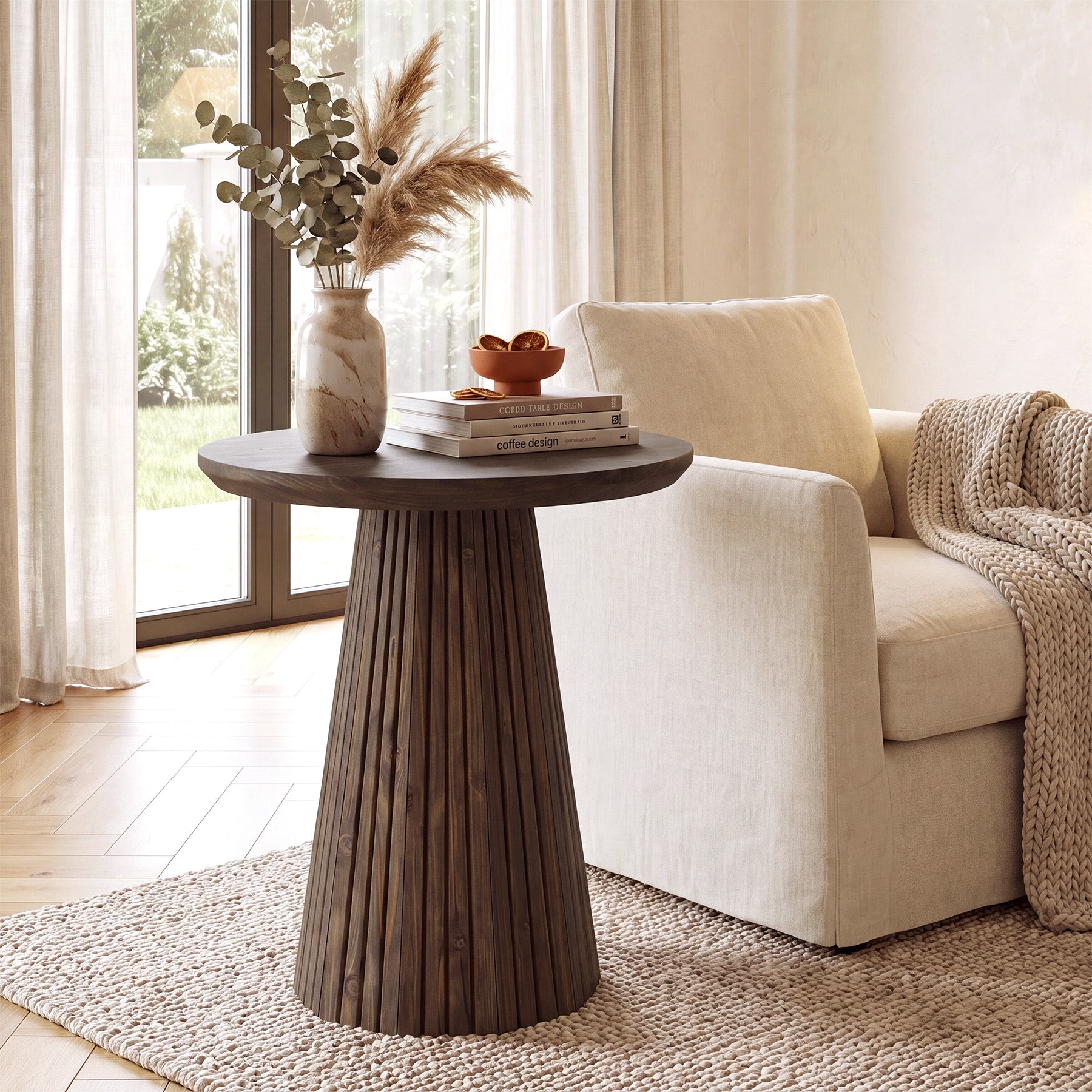 19.7'' Solid Wood Round Fluted Side Table, Pedestal Side Table#Color_Dark Brown
