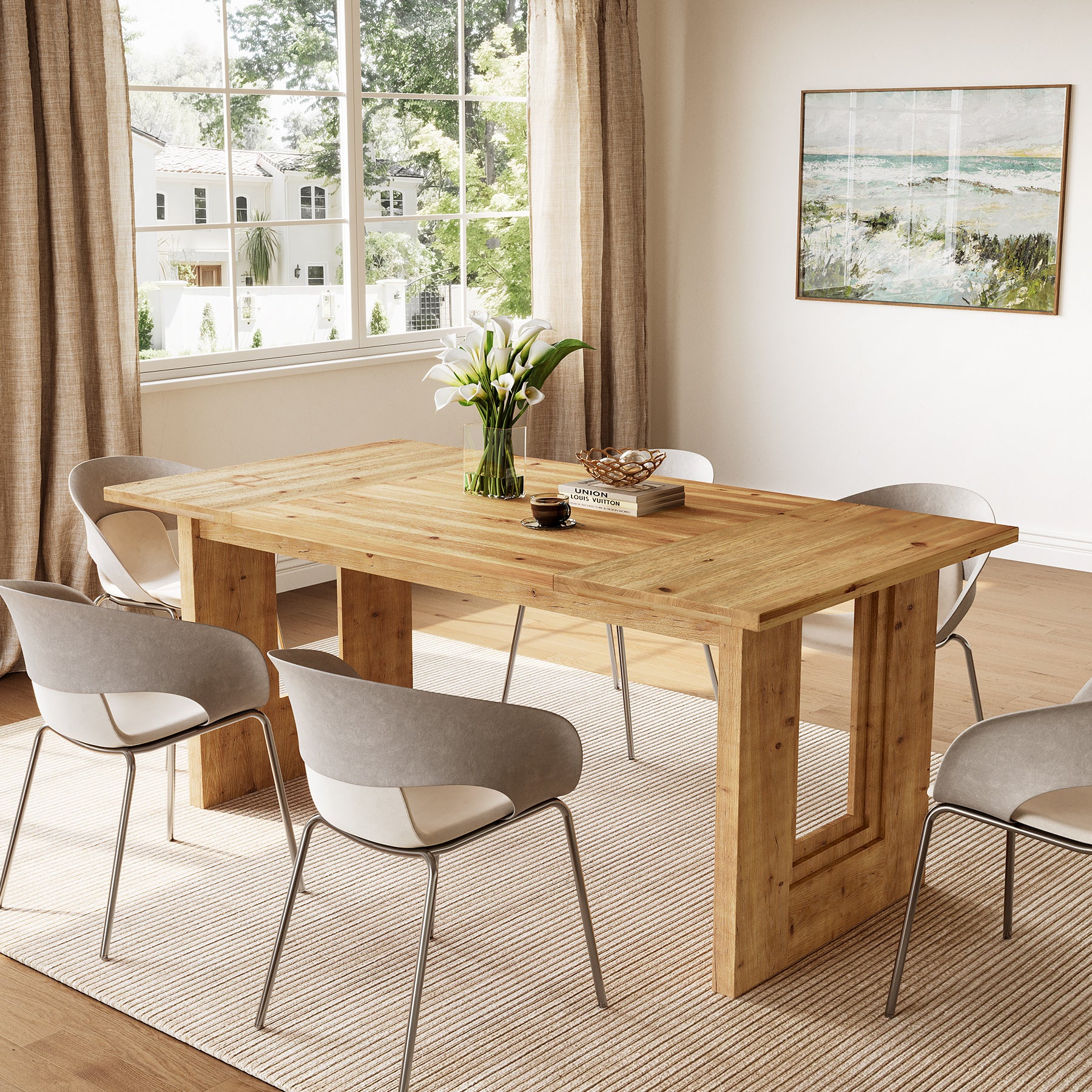 63" Solid Wood Farmhouse Dining Table for 6, Rectangular Wooden Kitchen Table