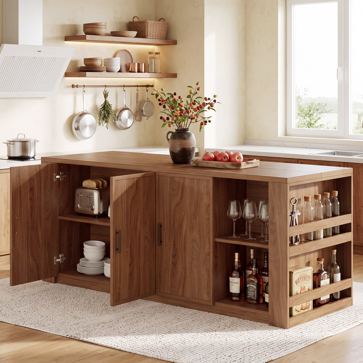 70.9" Kitchen Island, Modern Kitchen Storage Cabinet with 3 Doors and Open Shelves