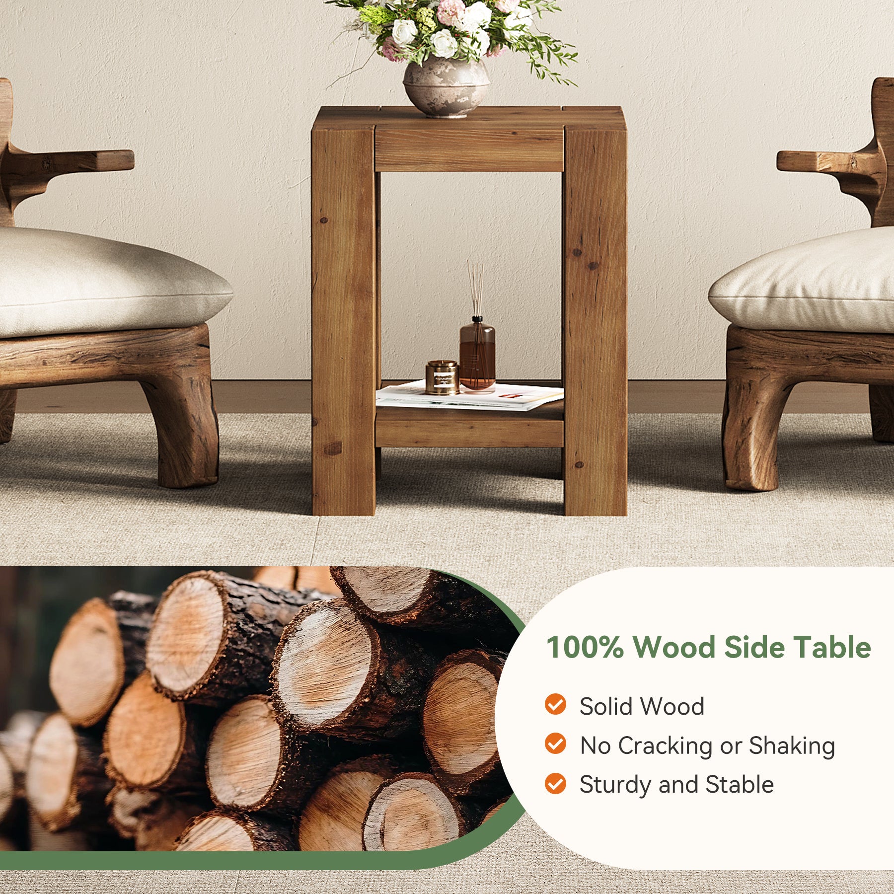 19.6" Farmhouse Side Table, Solid Wood 2-Tier End Table with Storage Shelves